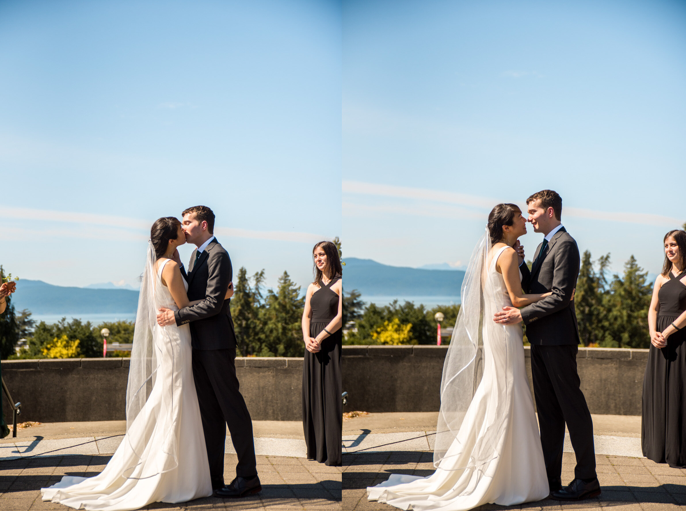 Bride and Groom share first kiss at wedding ceremony in UBC Rose Garden Vancouver, B.C.