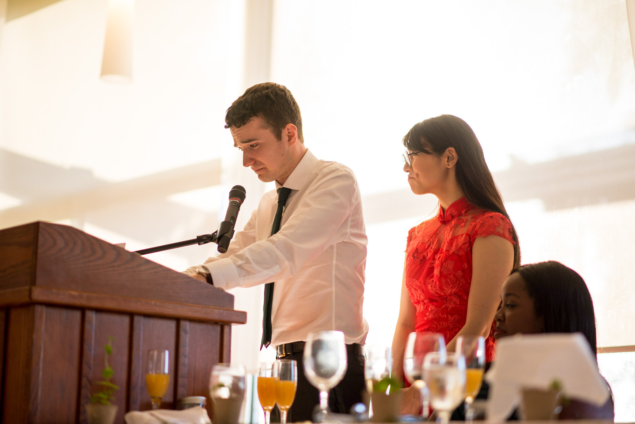 Groom and bride wedding speech at reception