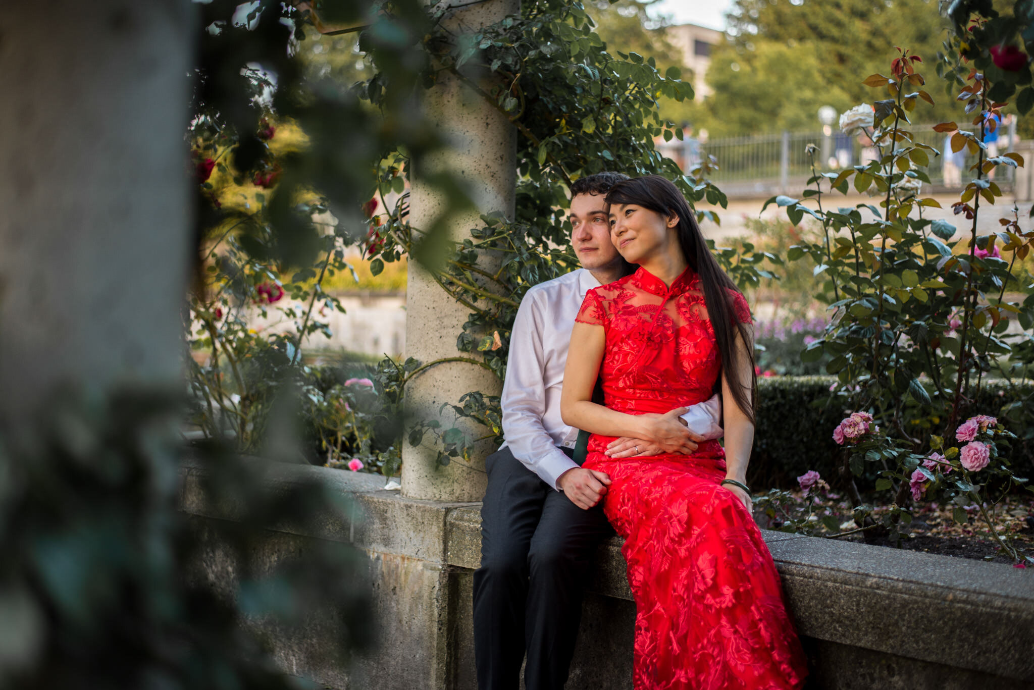 Bride and groom at rose garden at UBC in Vancouver, BC