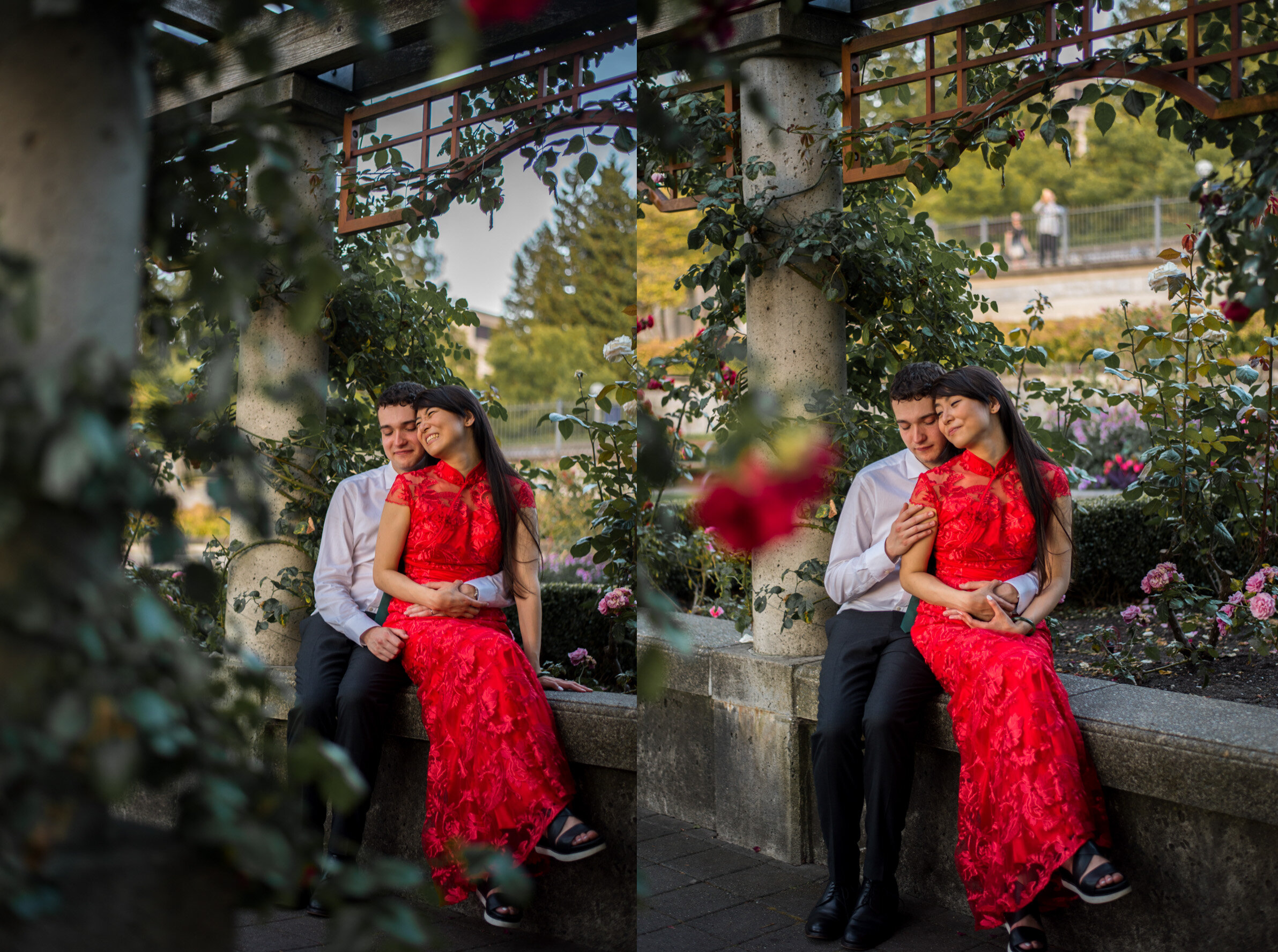 Wedding couple sitting under rose garden at University of British Columbia