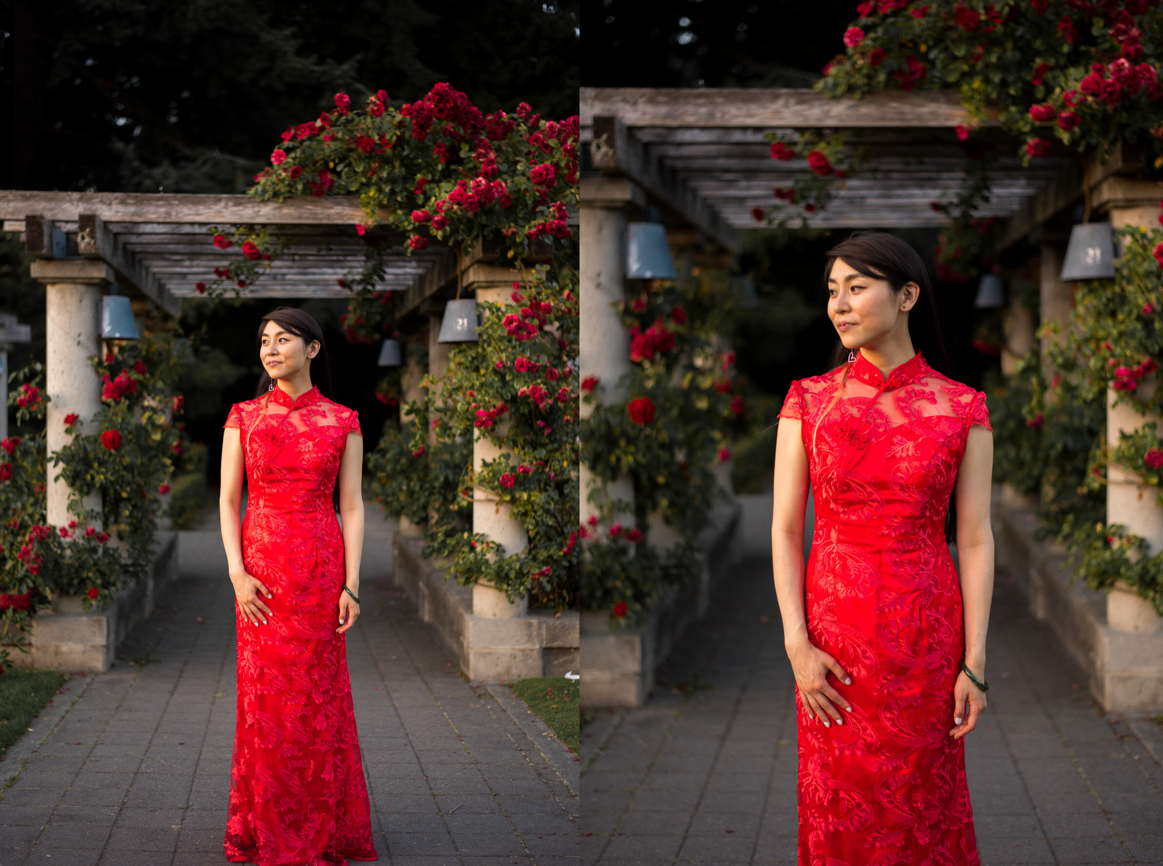 Chinese bride in cheongsam in rose garden at UBC
