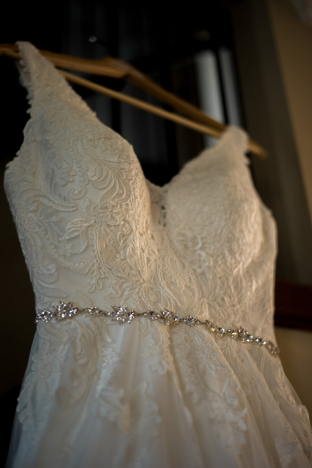 Lisa's Bridal wedding dress hanging on display in a home at New Westminster, B.C.