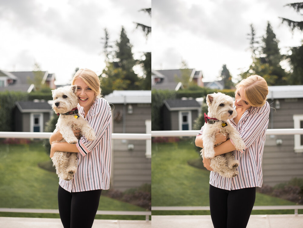 Bride getting ready while holding her puppy in New Westminster, B.C.