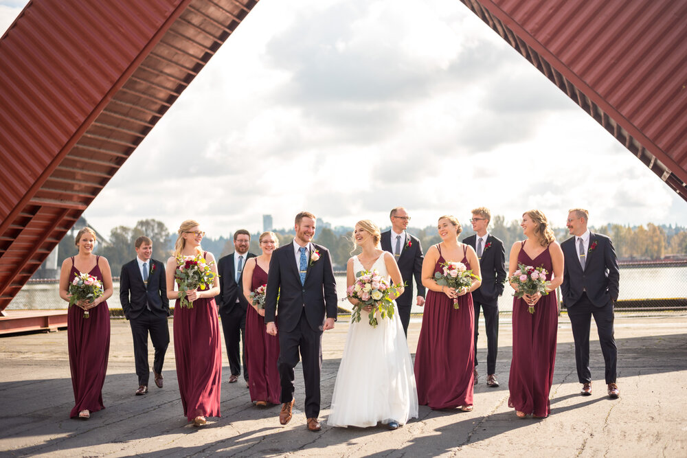 Wedding party walking at Pier Park in New Westminster, B.C.