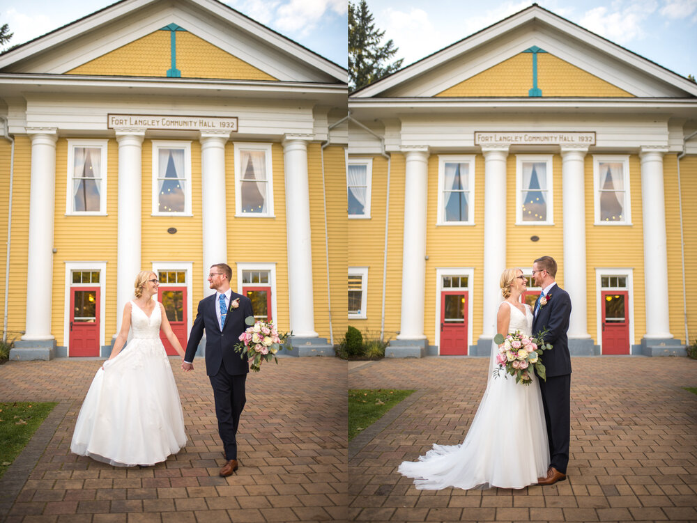 Bride and groom in front of Fort Langley Community Hall building