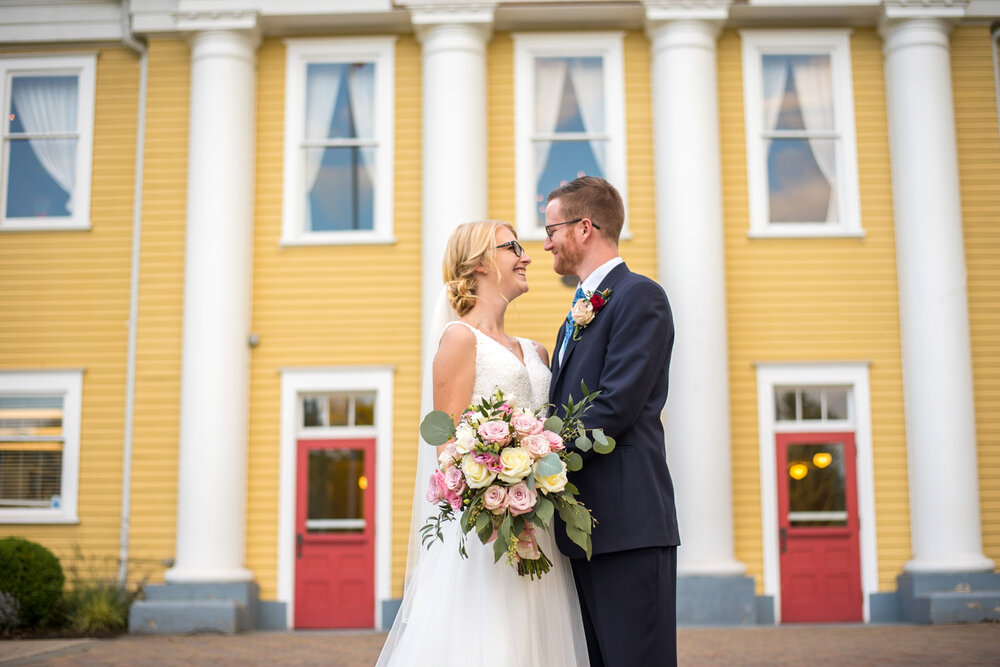 Bride and Groom in front of Fort Langley Community Hall in Fort Langley, B.C.