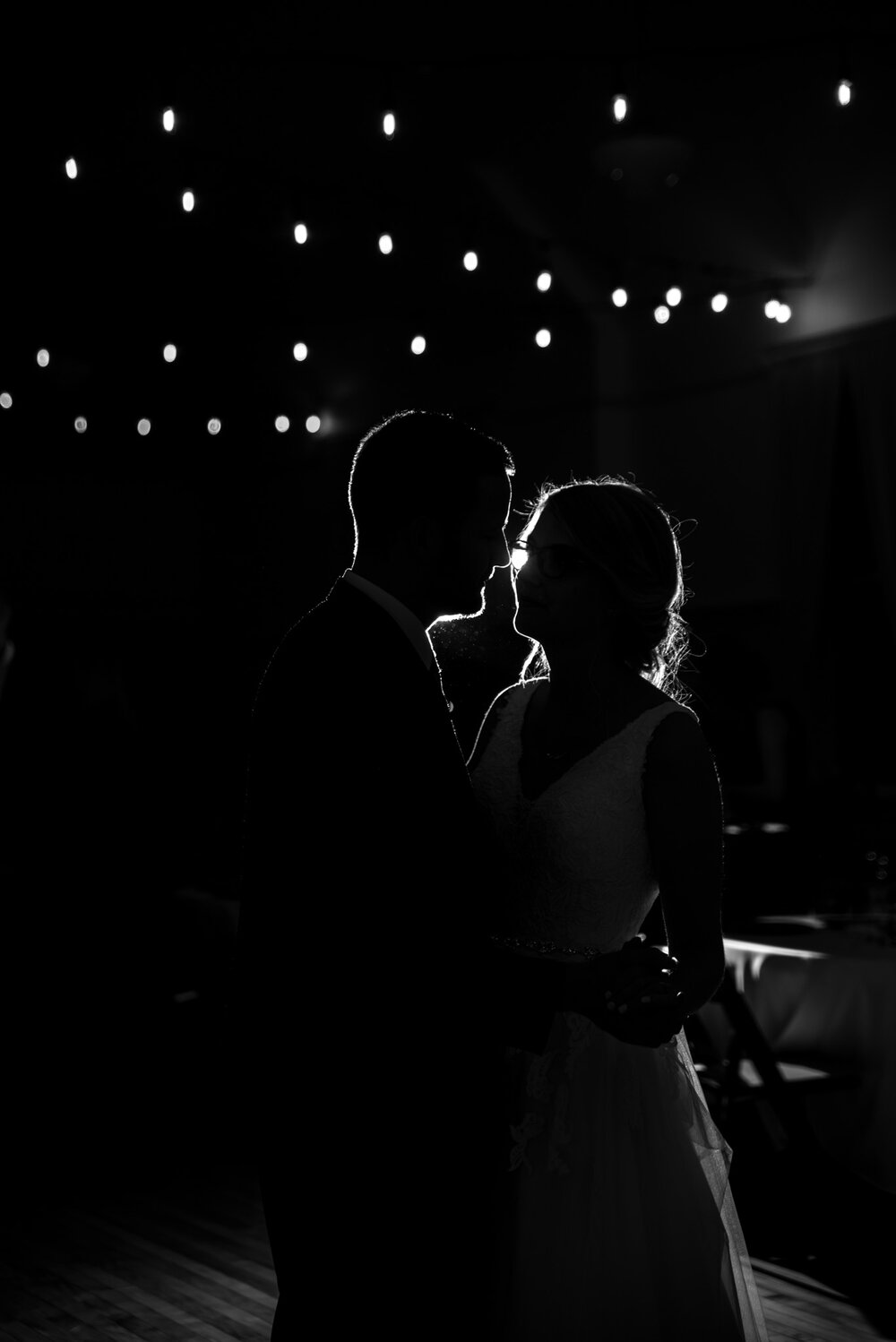 Silhouette of Bride and Groom during first dance at Fort Langley Community Hall in Fort Langley, B.C.