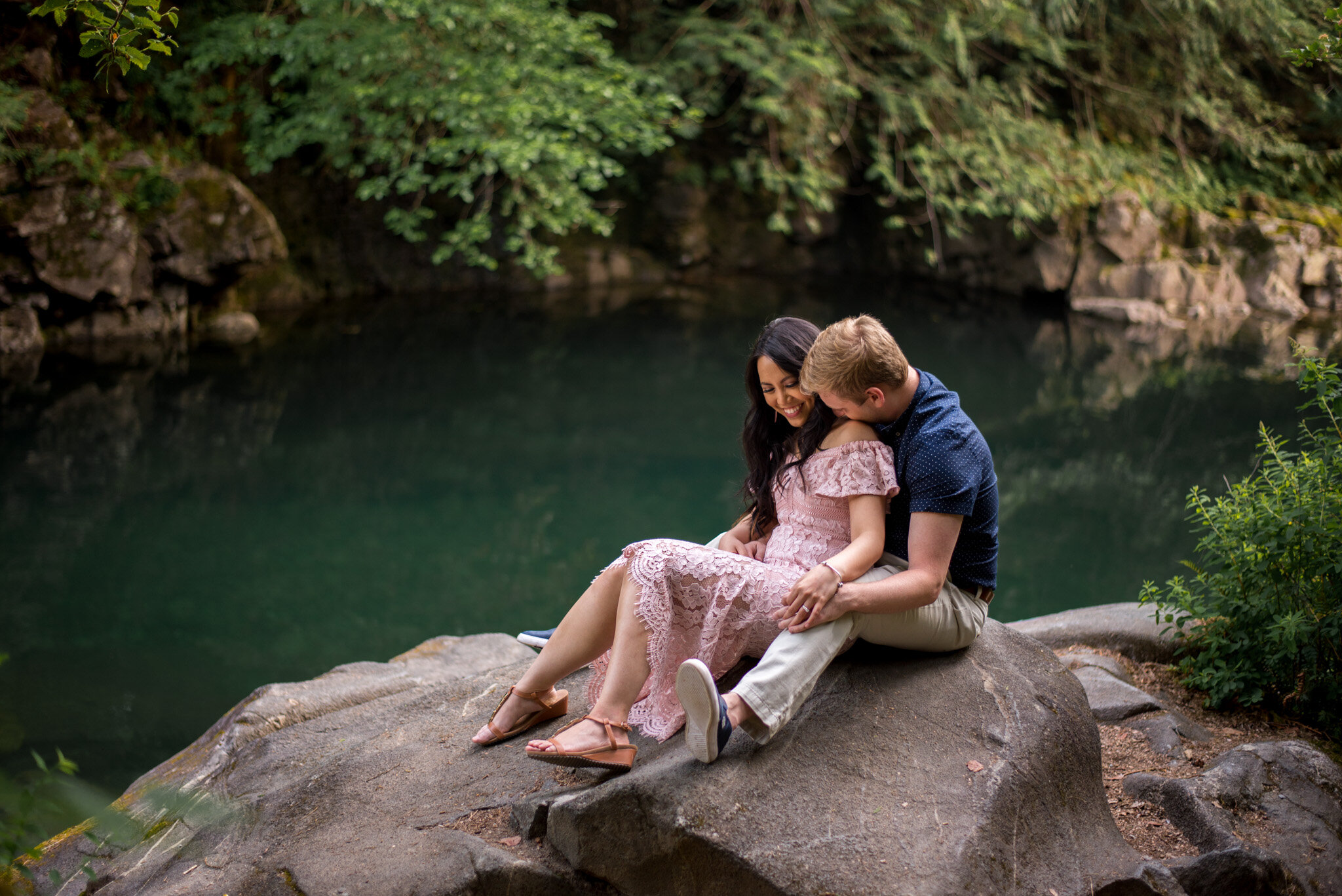 An engagement session for a couple taken at Golden Ears Provincial Park by Gold Creek in Maple Ridge, B.C.