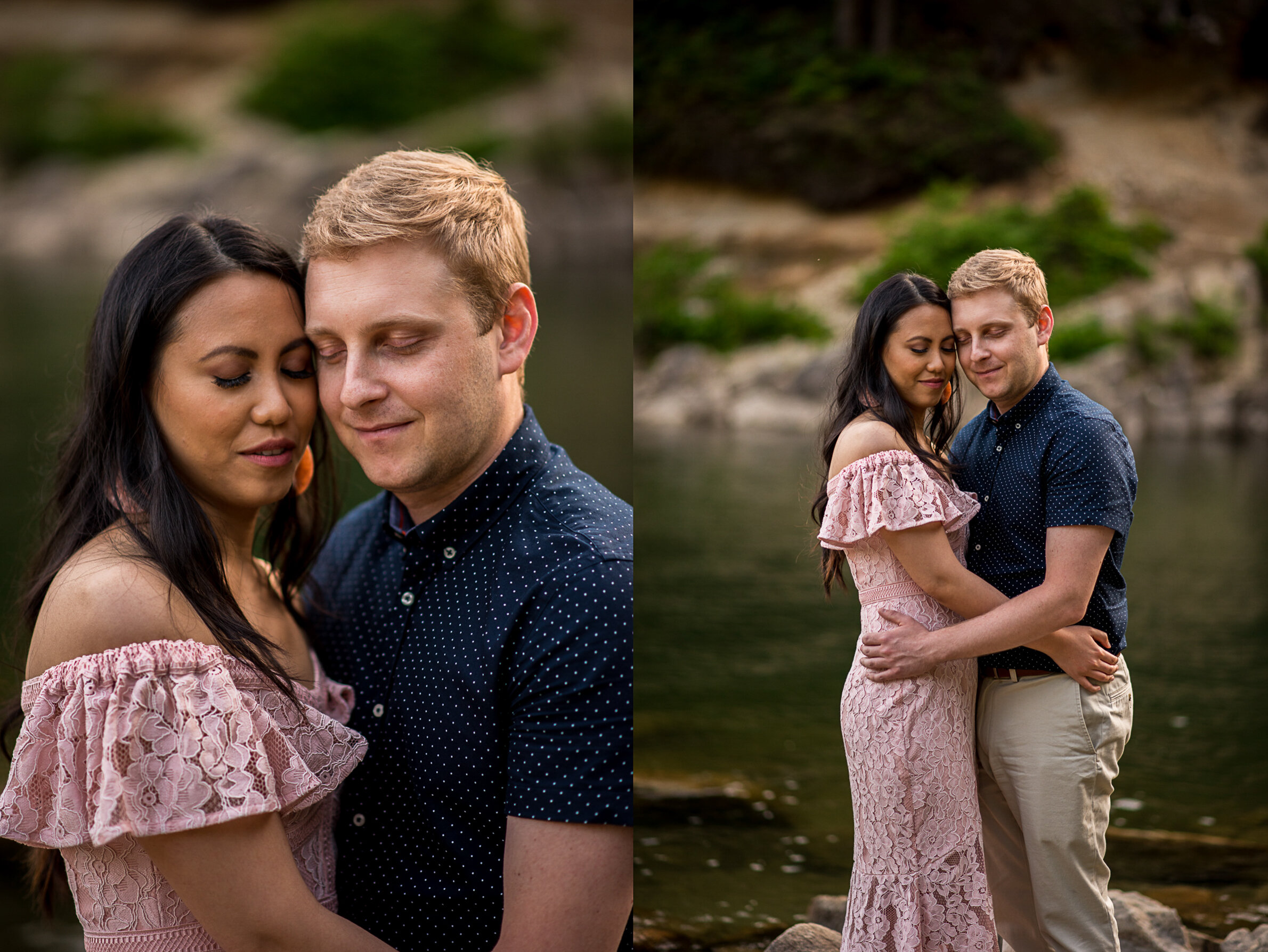 A couple embracing on a rock at North Beach in Golden Ears Provincial Park in Maple Ridge, B.C.