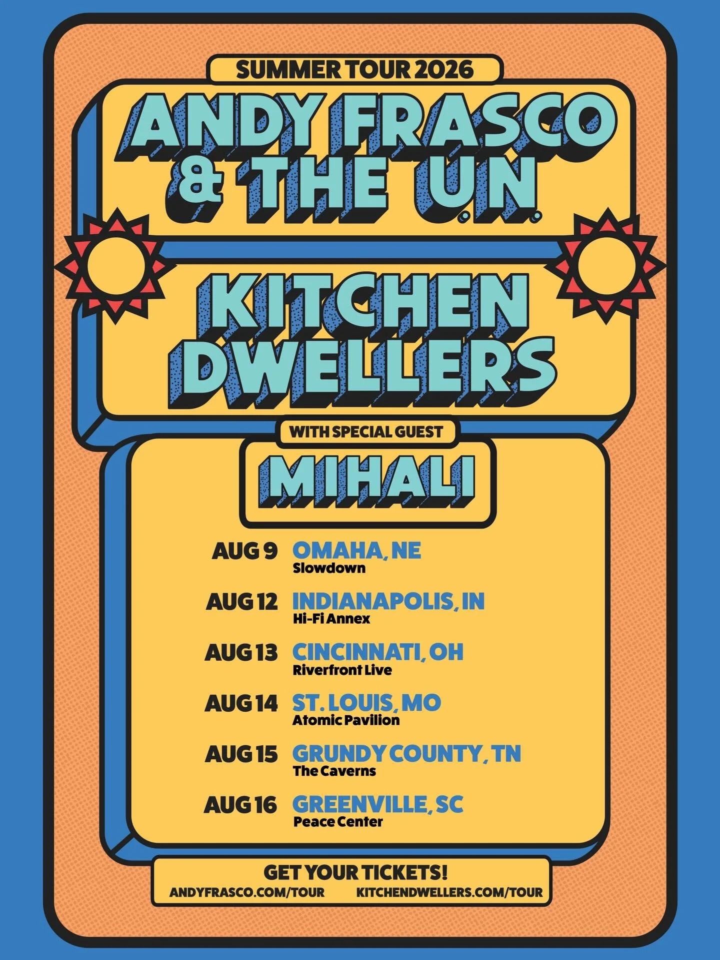 Joining @KitchenDwellers and @AndyFrasco for some solo summer shows this August! Tickets go on sale for all dates this Friday, March 6th at 10am local venue time ☀️ 

*Note: 8/16 Greenville, SC will not go on sale until next Friday, March 13th ✌️