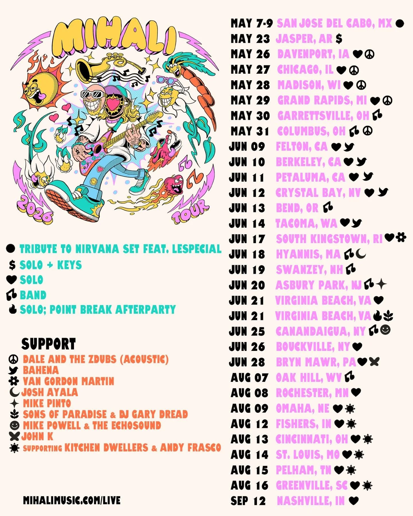 2026 Solo Tour starts in about a month, and I&rsquo;m bringing out some awesome support across the board 🙌 We fit them all onto one graphic, so give them a listen and show up early!

I&rsquo;m also playing a solo afterparty on June 21st after my Poi