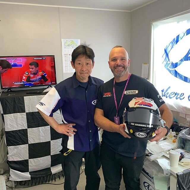 Nathan Spiteri with Endo-San from Arai Japan at the only SBK race so far this year @thegrinningdingo @araihelmet.ltd @arai_australia_nz @asbk #livson @spiterinathan  can&rsquo;t wait for race service to restart !!