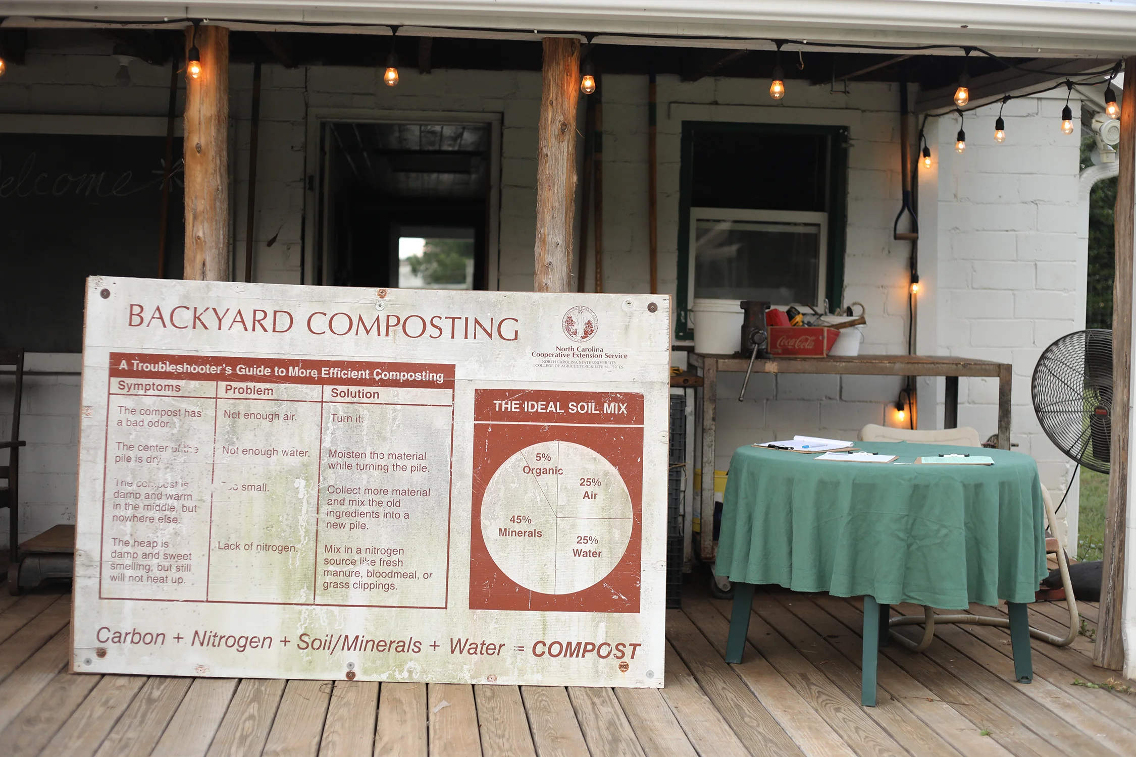 Rieves is set up at Renfrow Farms to teach a class on home composting. Photo by Charles Lybrand.