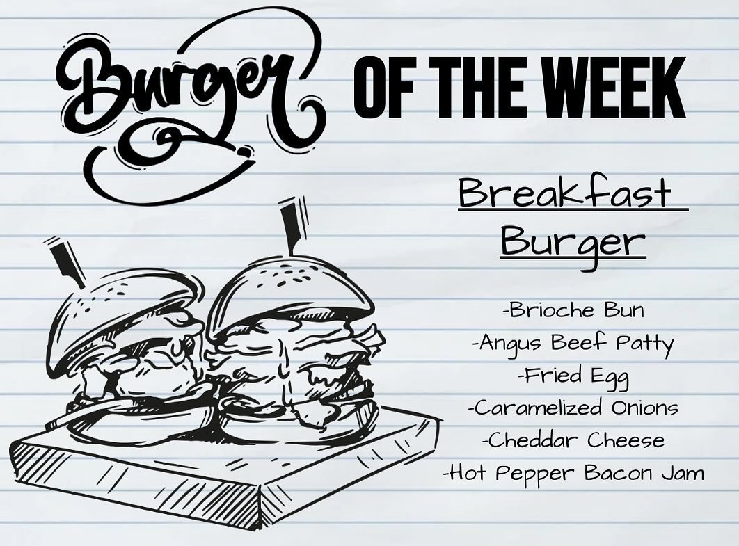 Dave&rsquo;s Burger of the Week! You could get this burger for breakfast, lunch, OR dinner! Call 910-686-9343 to pick yours up at Porter&rsquo;s Neck this week!