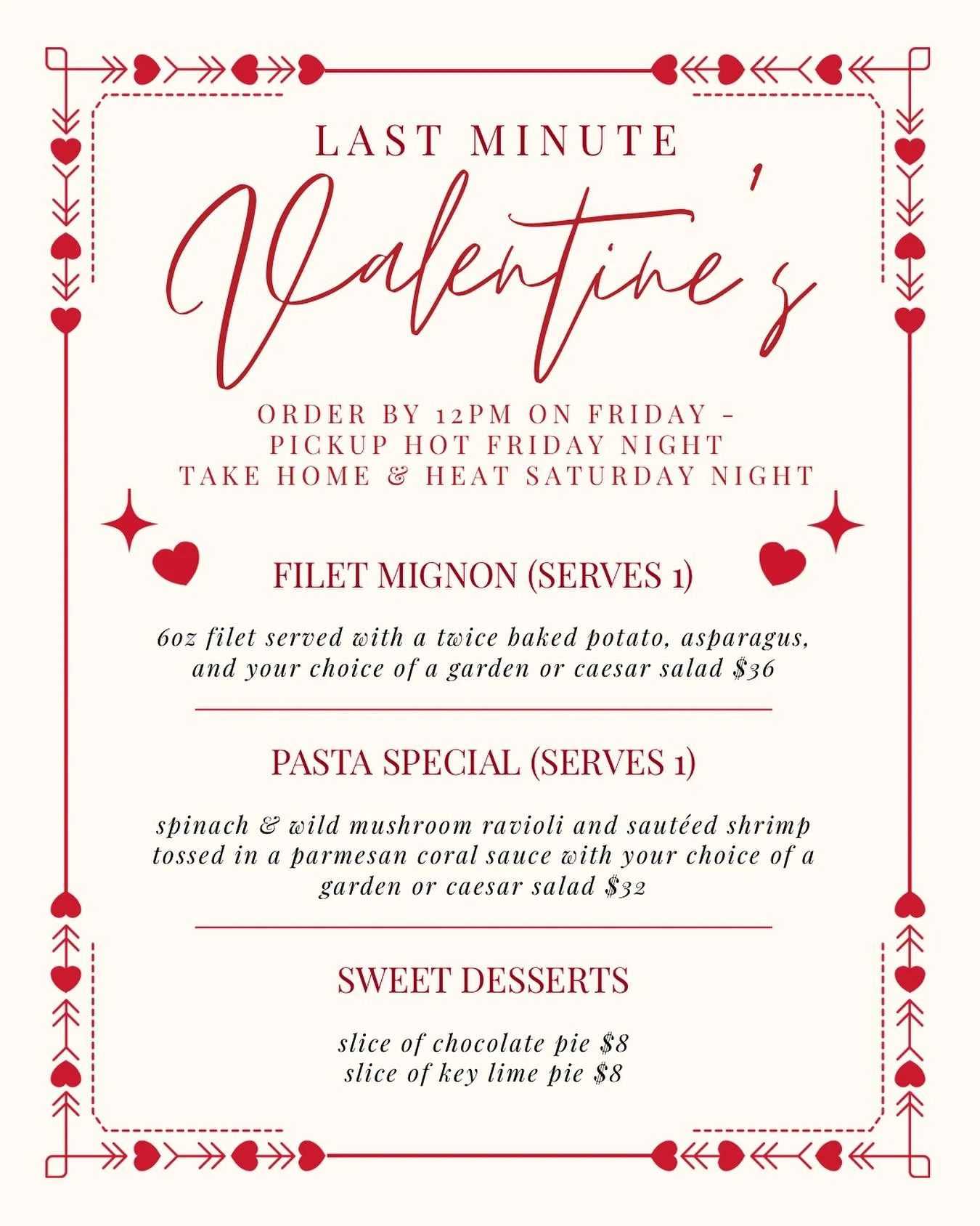 Forgot to make reservations? Don&rsquo;t want to fight the crowds? We&rsquo;ve got your last minute plans covered! Place your order before Friday at 12pm to pick up your hot &amp; ready to eat dinner on Friday, or your take home &amp; heat dinner on 