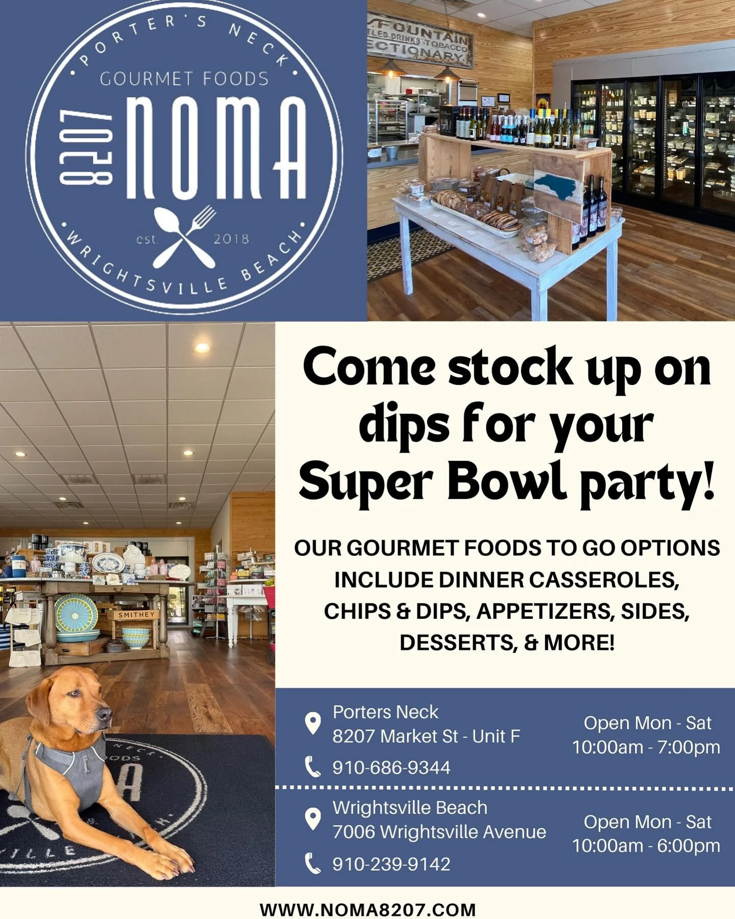 Big weekend coming up for all you party-goers! We&rsquo;re stocking up with so many of our dips and appetizers for the Super Bowl! Get your stash at either location today or tomorrow 🏈🎉