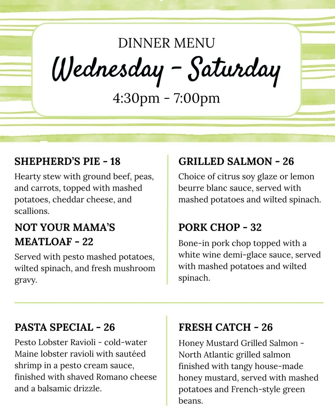 Our specials and burger of the week! Available tonight through Saturday! Call 910-686-9343 to place your order or go to our website to place an order online! www.noma8207.com