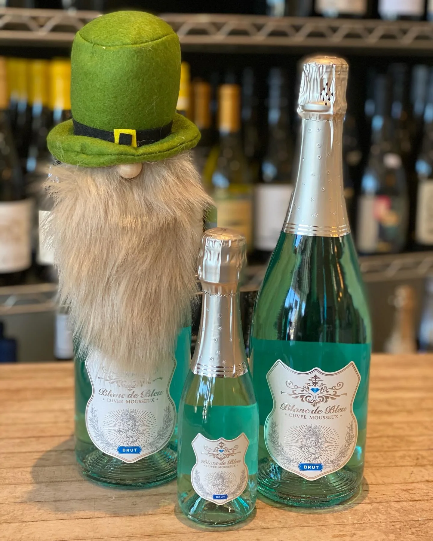 Grab your Blanc de Bleu for St. Patrick&rsquo;s!! Mix with orange juice and get the most fun green mimosa to start your morning! Available at both stores 🍀