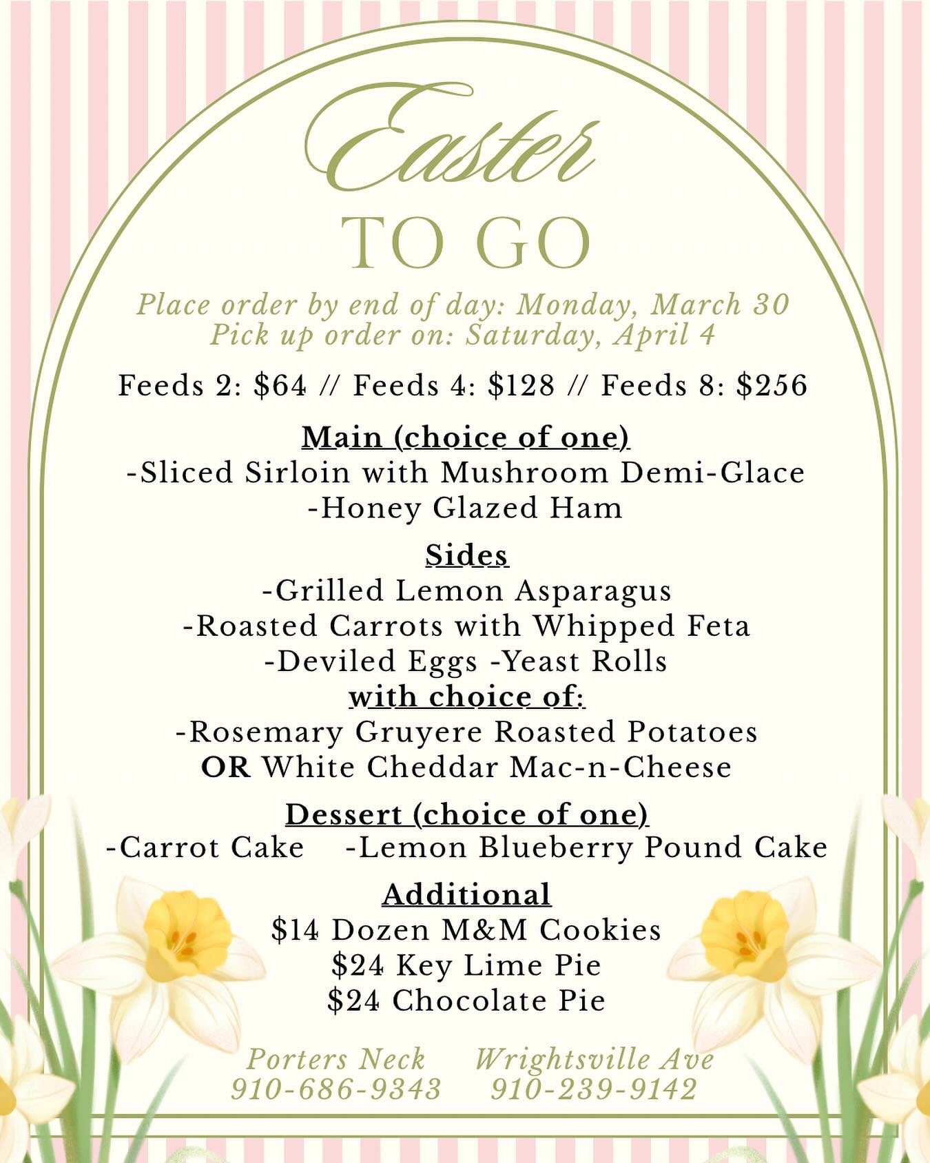 Make this Easter all about gathering, not cooking! 🐰 Our Easter menu is live and ready for pre-order! ✨ Pick up available at both locations on April 4th!