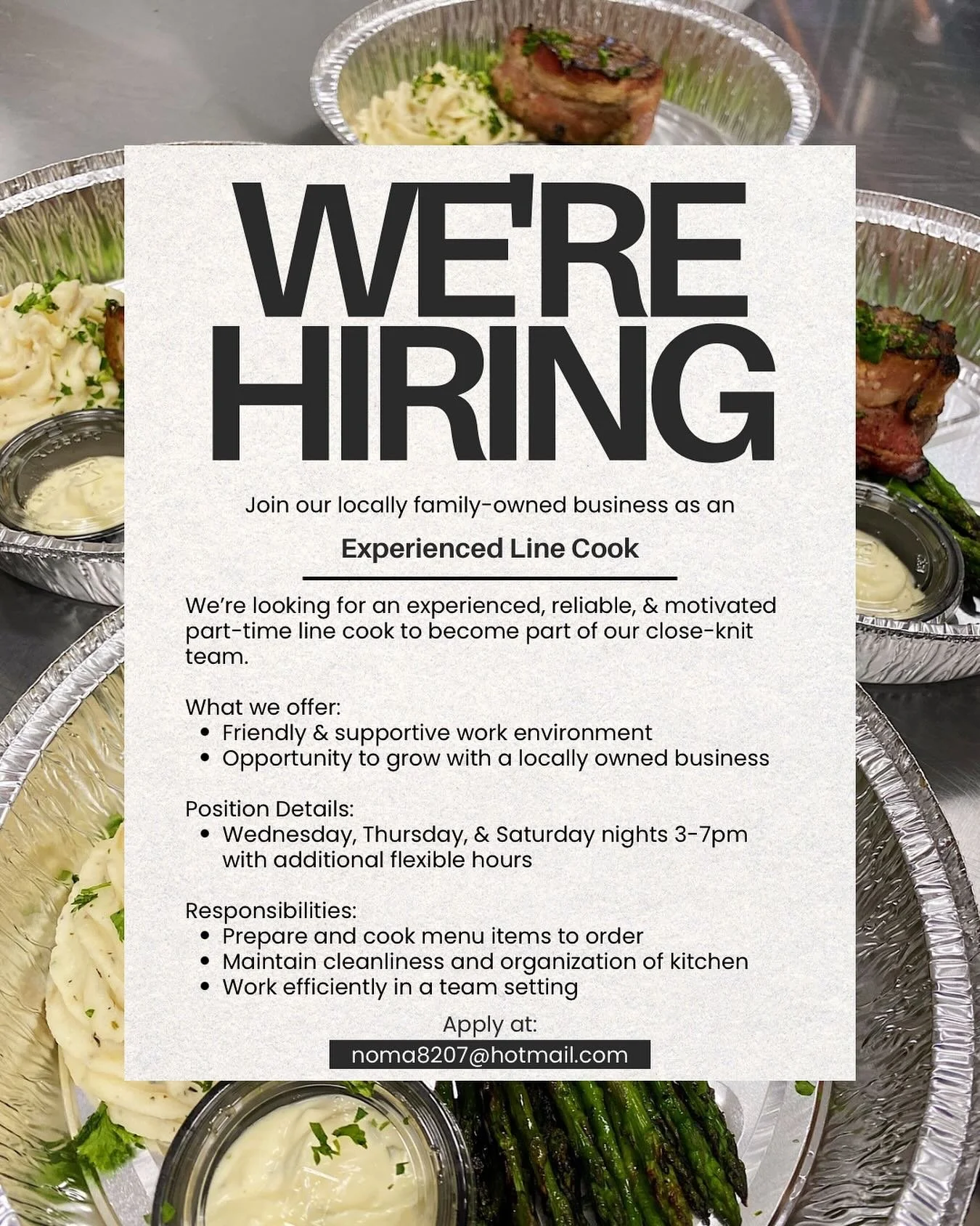 Come join our team! If you&rsquo;re passionate about food and enjoy working in a welcoming, family-style environment, we&rsquo;d love to hear from you! Porters Neck location noma8207@hotmail.com