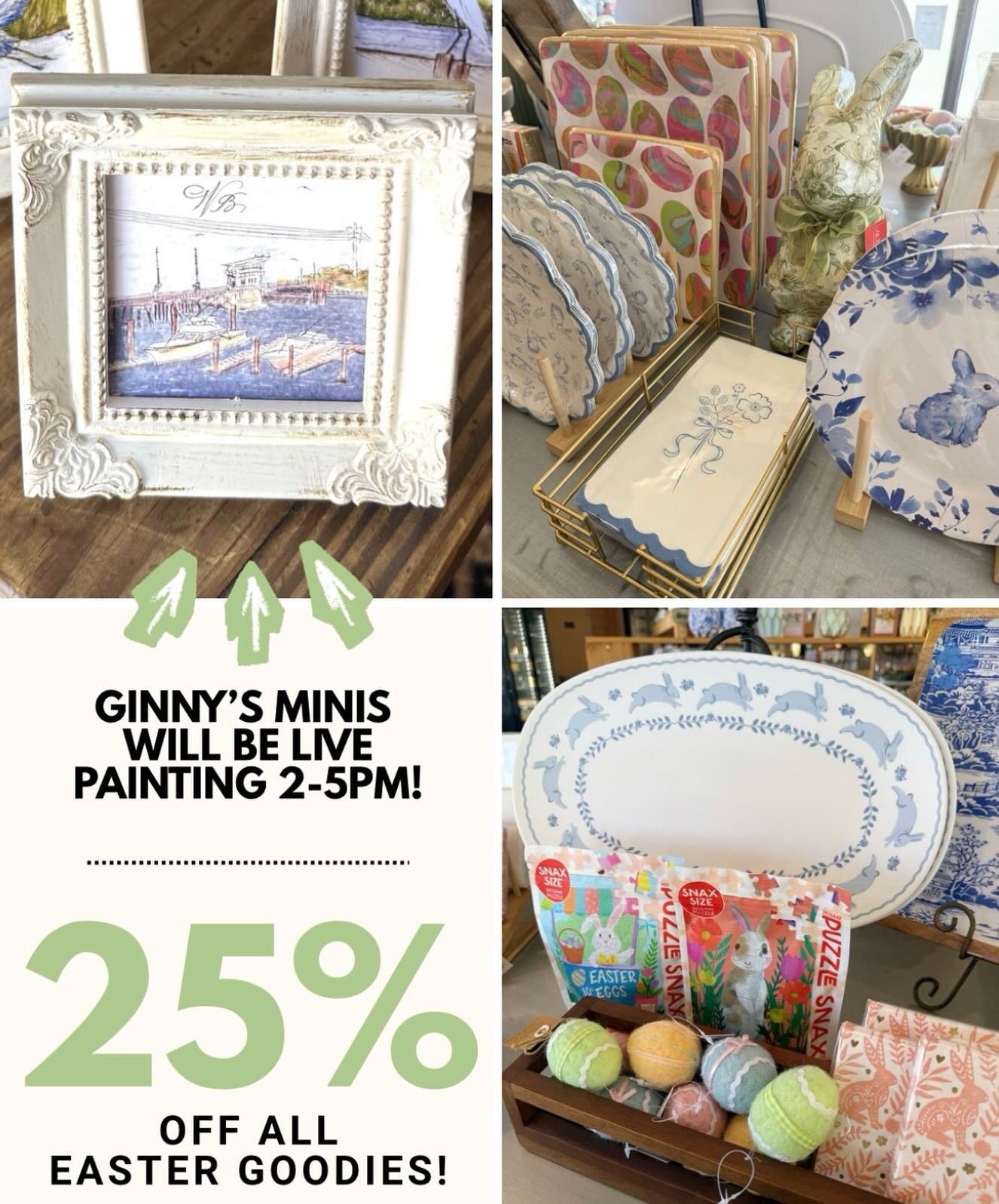 Happy Easter weekend everybody! All Easter goodies will be 25% off this weekend and @ginnyrogandesigns will be live painting at our Wrightsville location 2-5pm today (Friday)!