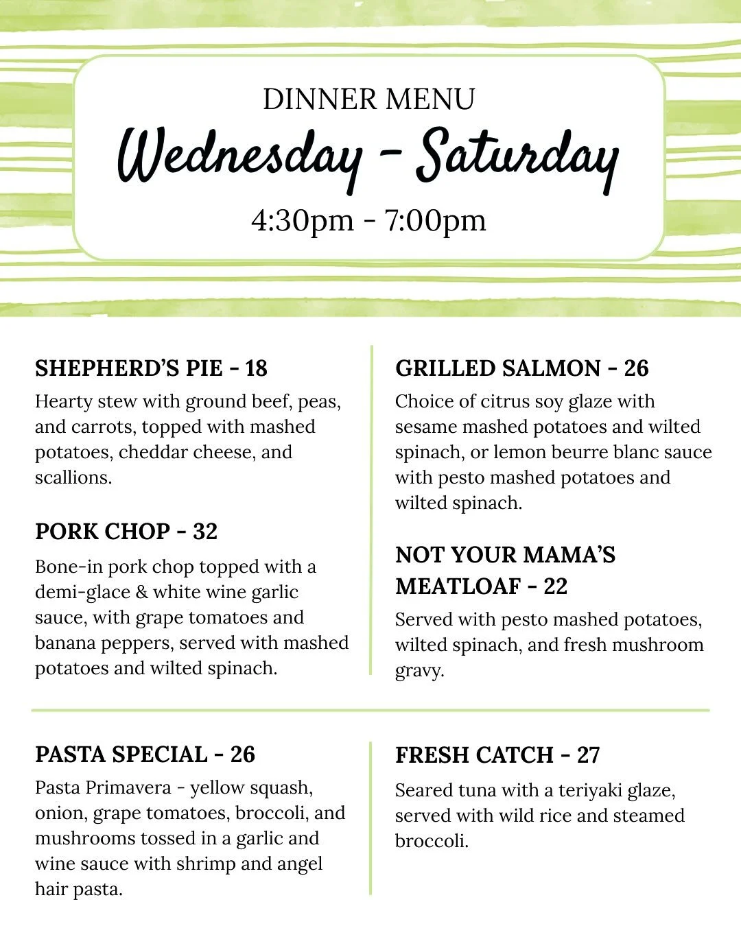 Check out our specials starting for dinner tonight! Call Porters Neck or go to our website to place your order for the rest of the week 🐟🍔😍 910-686-9343 www.noma8207.com