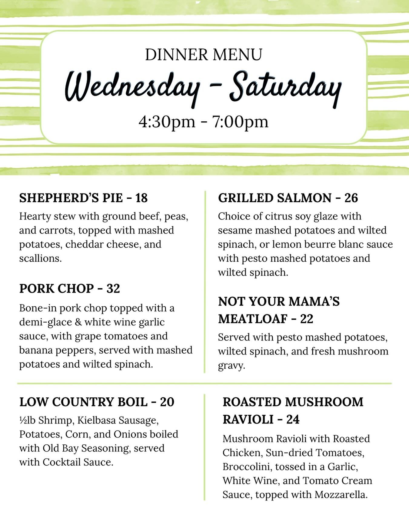 There&rsquo;s still a few mights this weekend to order dinner! Call 910-686-9343 anytime to pre-order and pick up after 4:30!