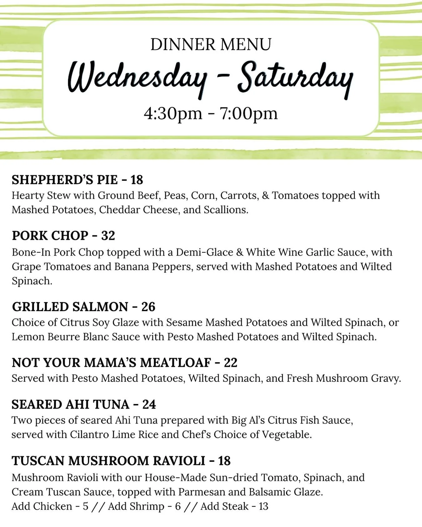 Dinner prepared hot, fresh, and ready to eat Wednesday-Saturday each and every week! Come see us to order or place it over the phone or on our website! 910-686-9343 www.noma8207.com