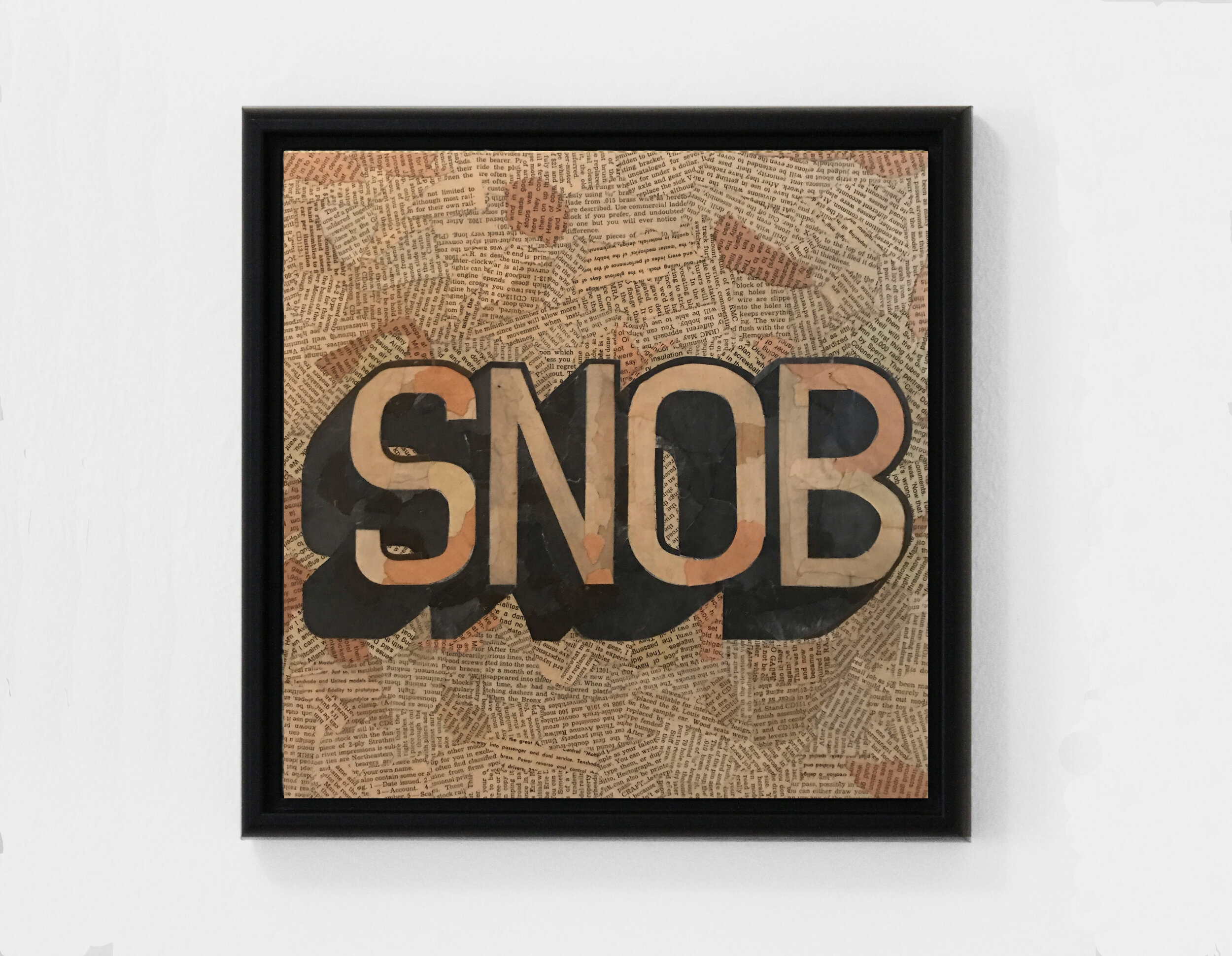 Snob (2019) found paper collage on cradled wood panel, 12” x 12”