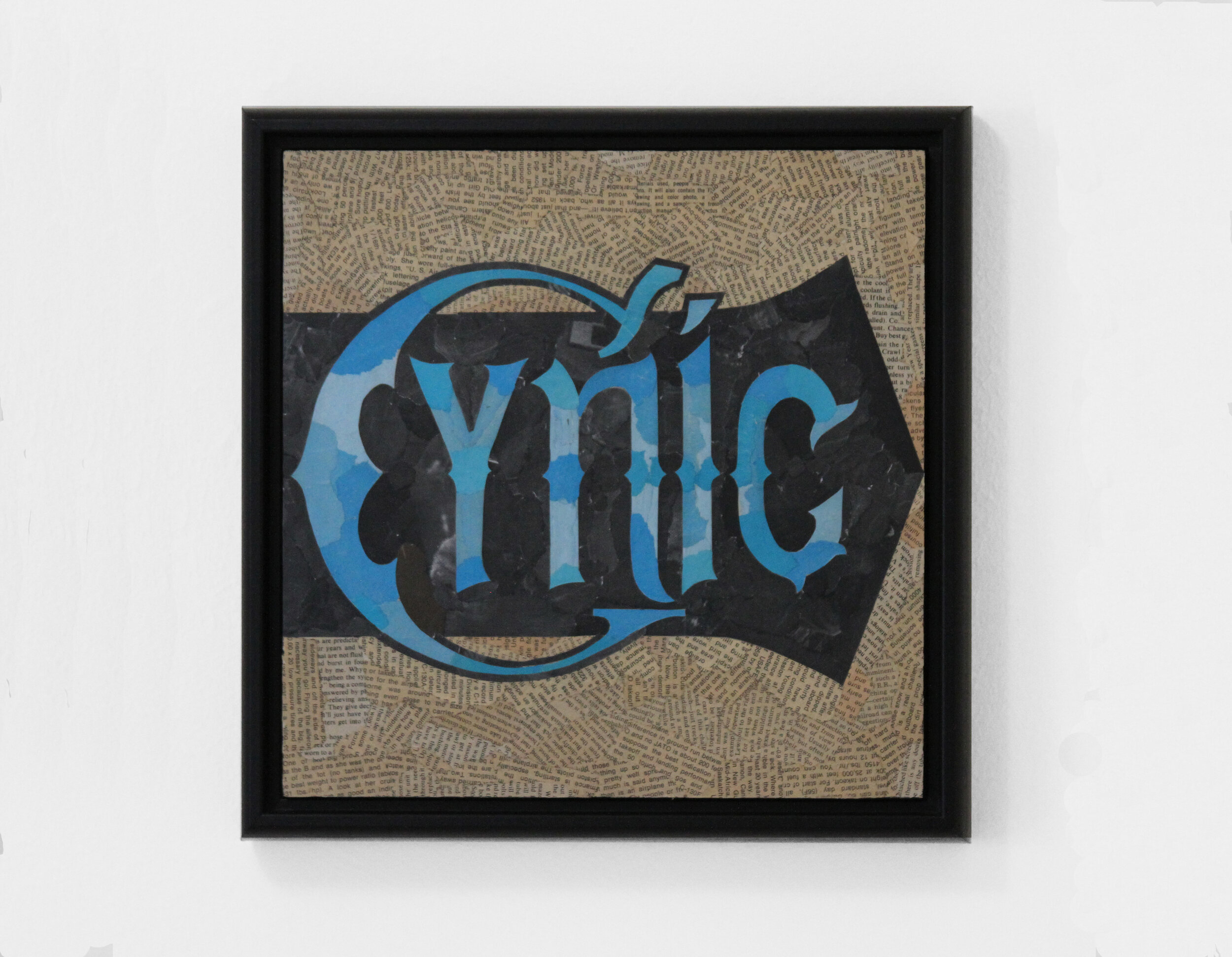 Cynic (2020) found paper collage on cradled wood panel, 12” x 12”