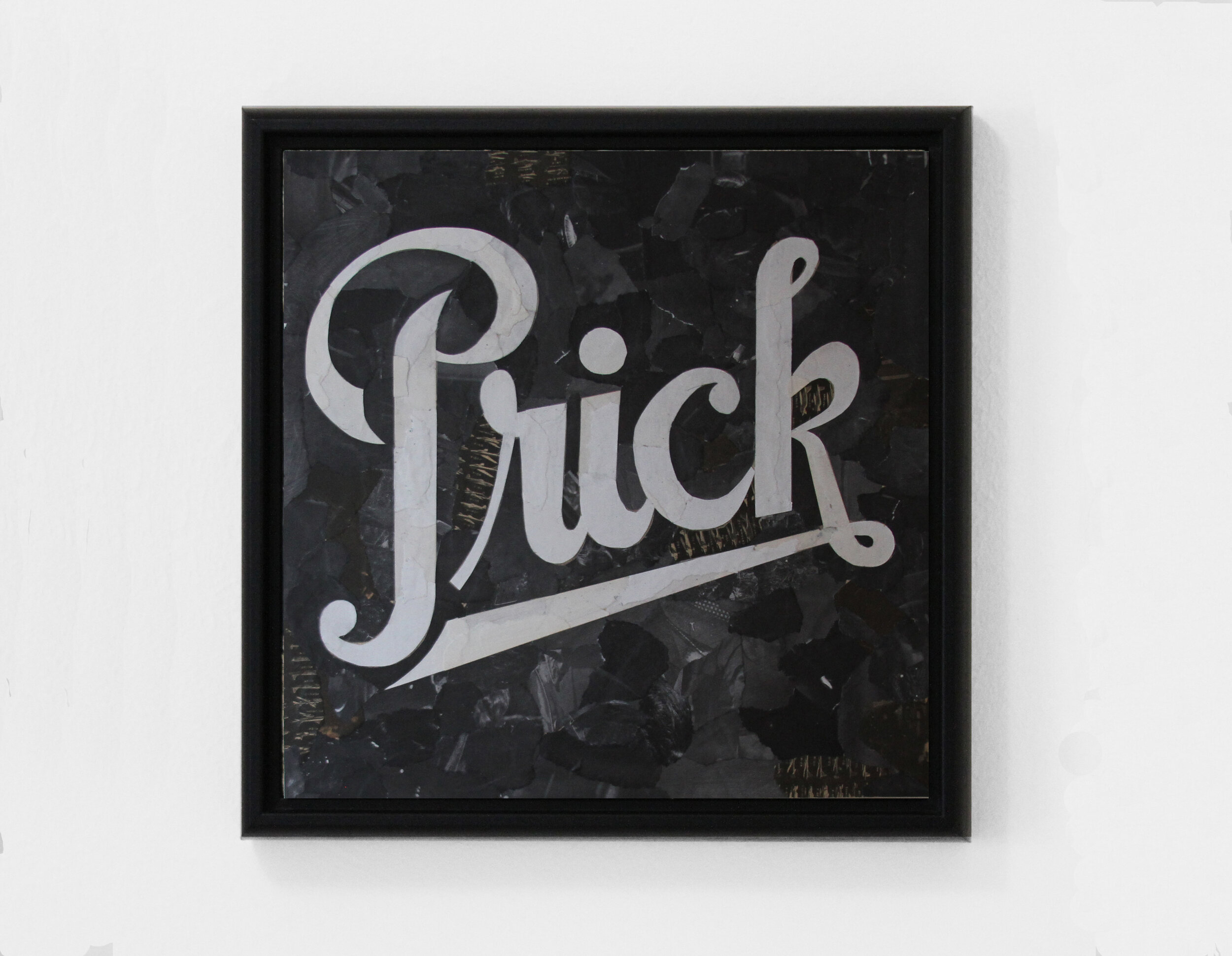 Prick (2020) found paper collage on cradled wood panel, 12” x 12”