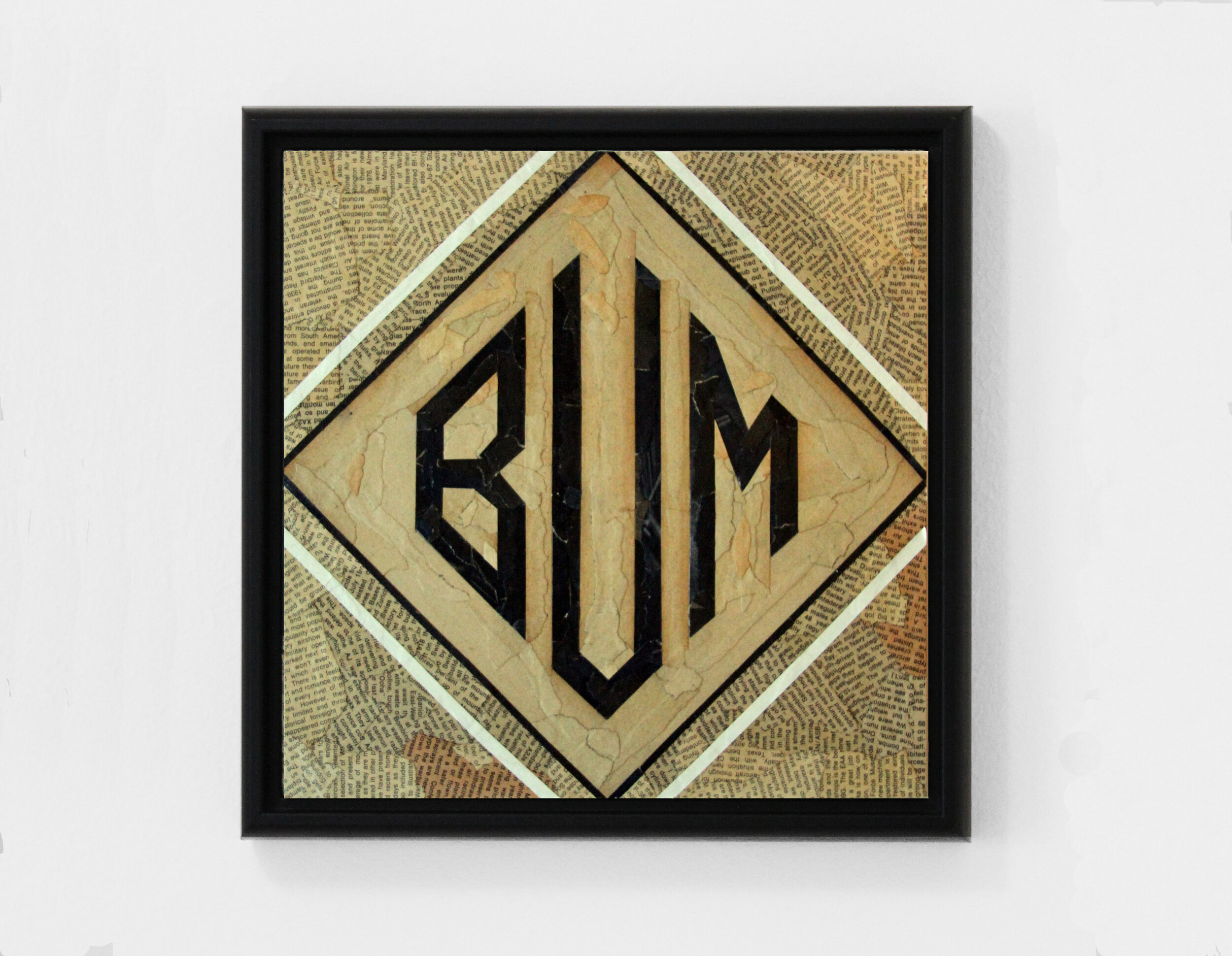 Bum (2019) found paper collage on cradled wood panel, 12” x 12”
