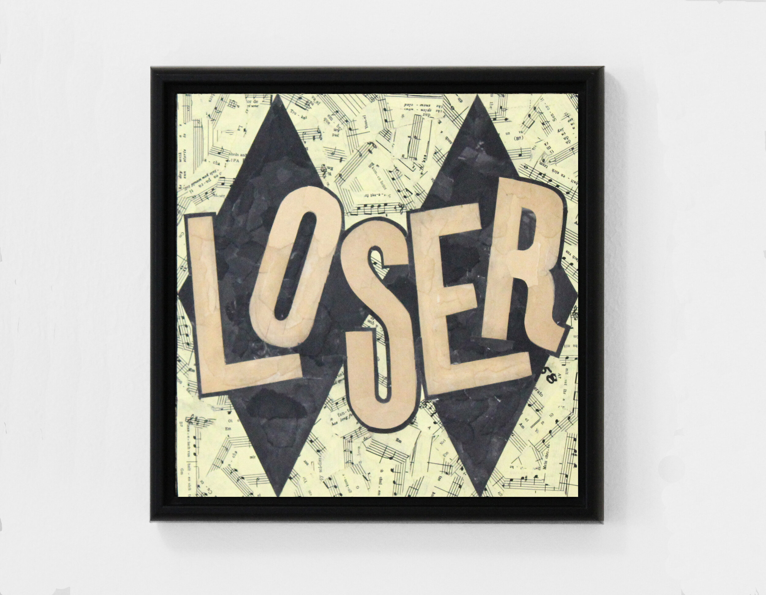 Loser (2020) found paper collage on cradled wood panel, 12” x 12”