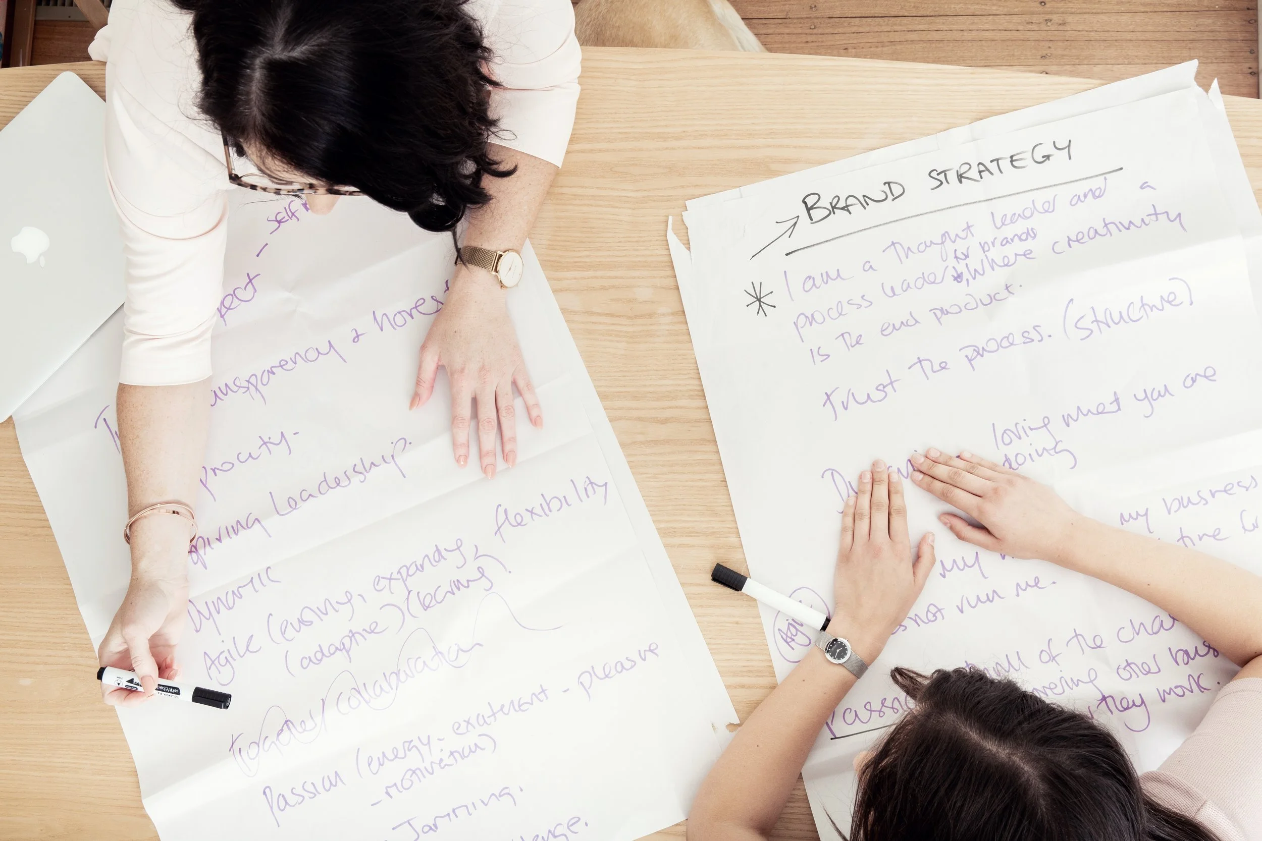 Two women working on brainstorming or planning, with large sheets of paper filled with handwritten notes and ideas, on a wooden table.