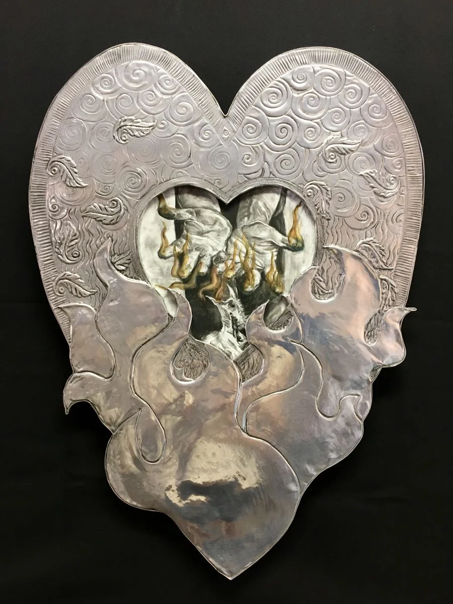   Like a Phoenix Midst Her Fire  2019, charcoal and watercolor on panel with aluminum, 18” x 24”      