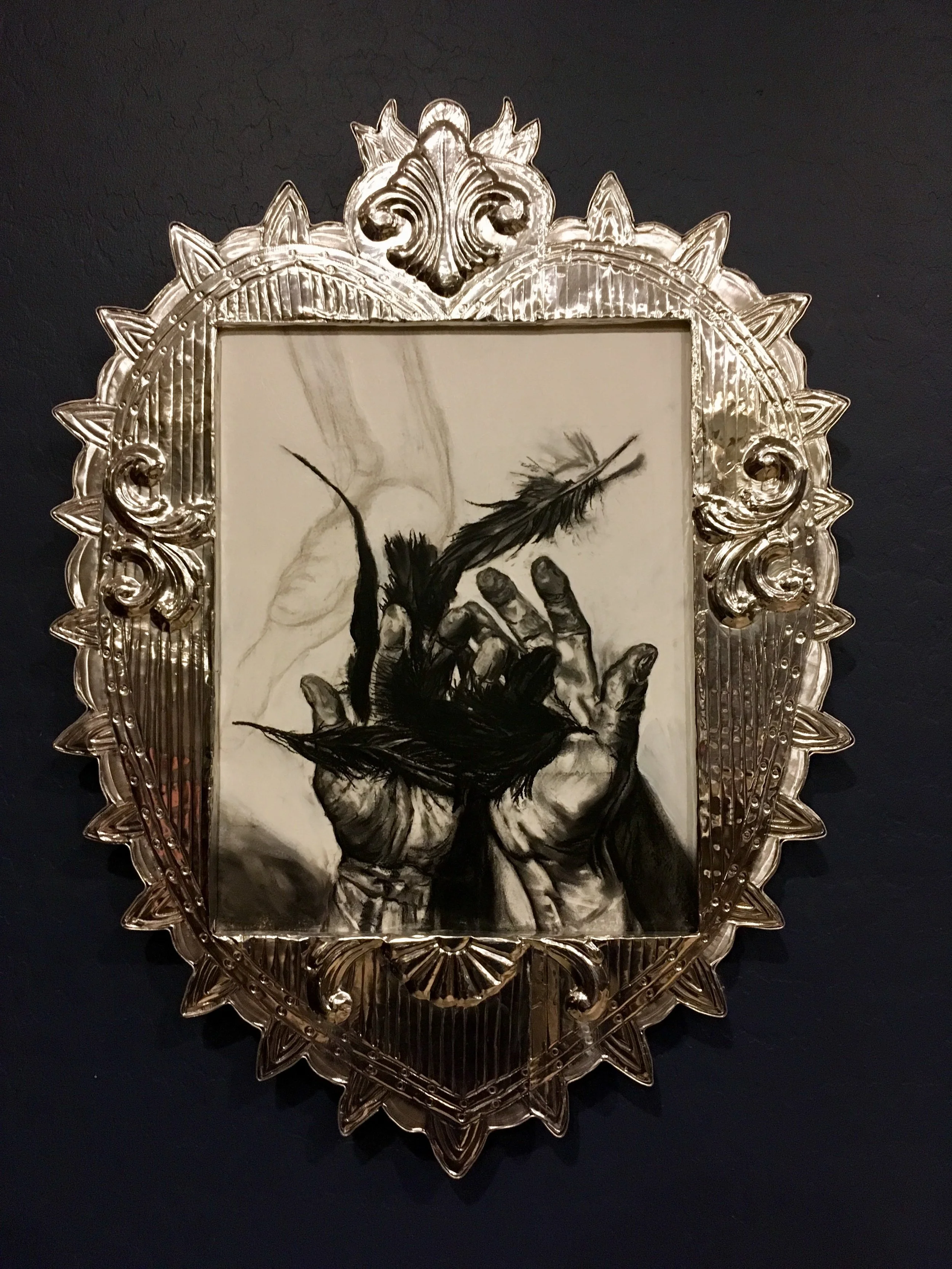   Fervent Prayer #3  2019, charcoal on panel with aluminum, 18” x 24” 