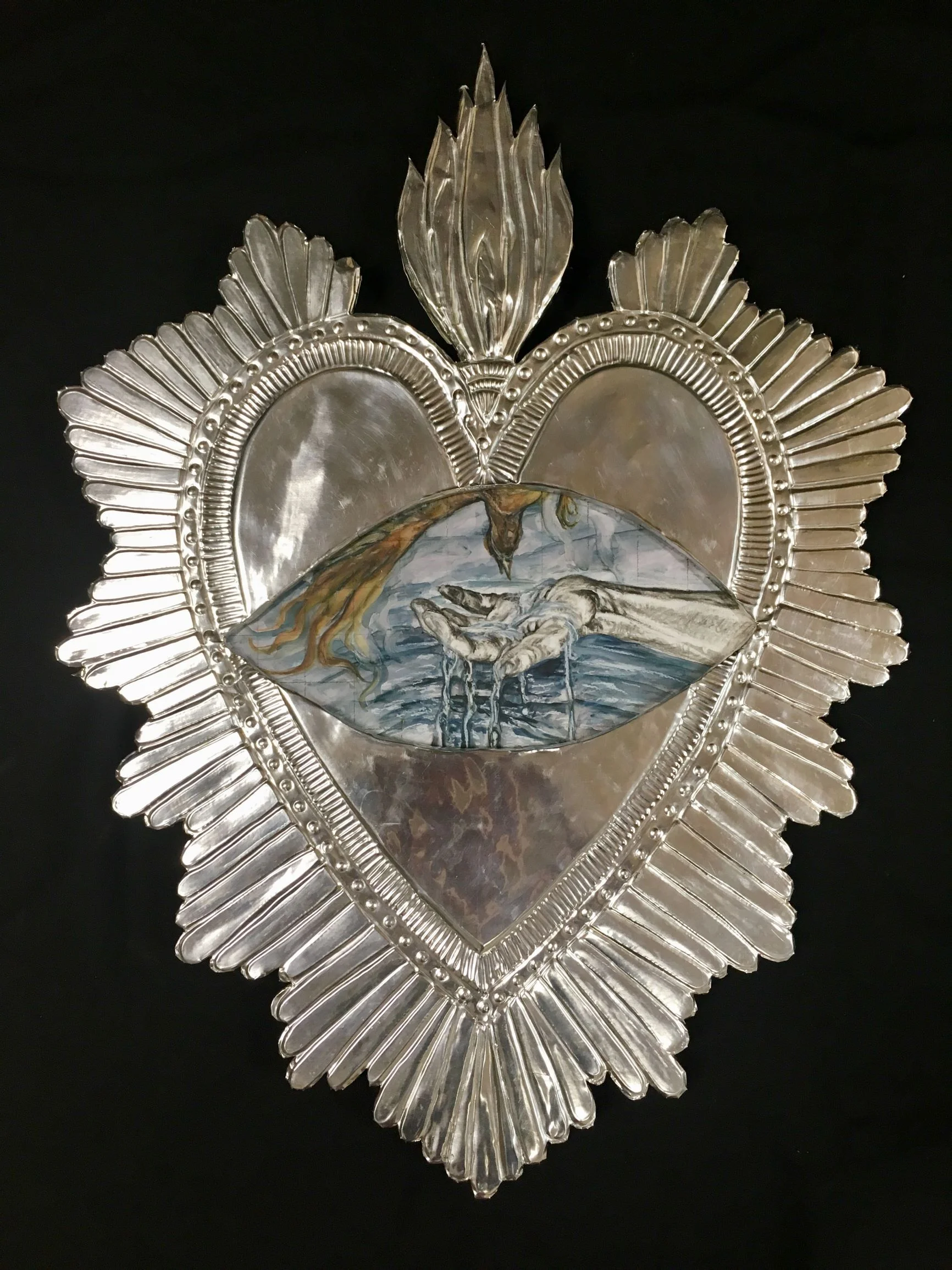   Taming the Phoenix  2019, charcoal and watercolor on panel with aluminum, 18” x 24”      