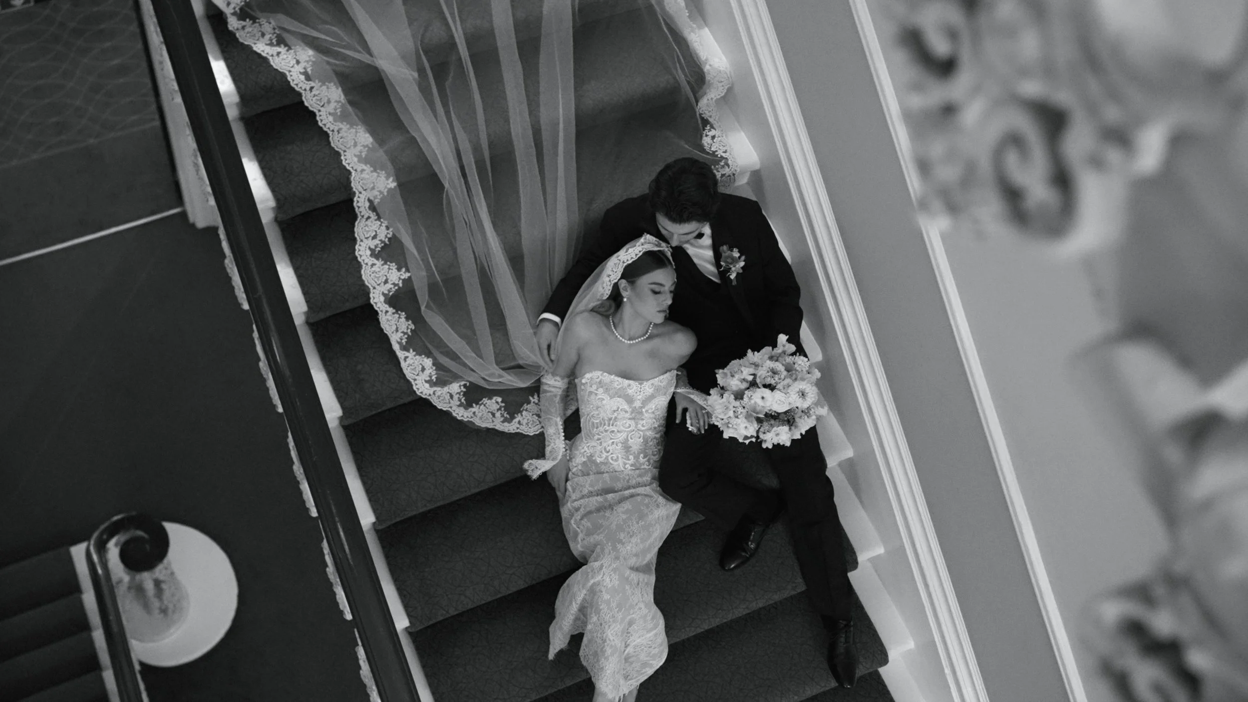 A Stylish London Wedding Editorial, Lace Bridal Gown and Veil at The Clermont