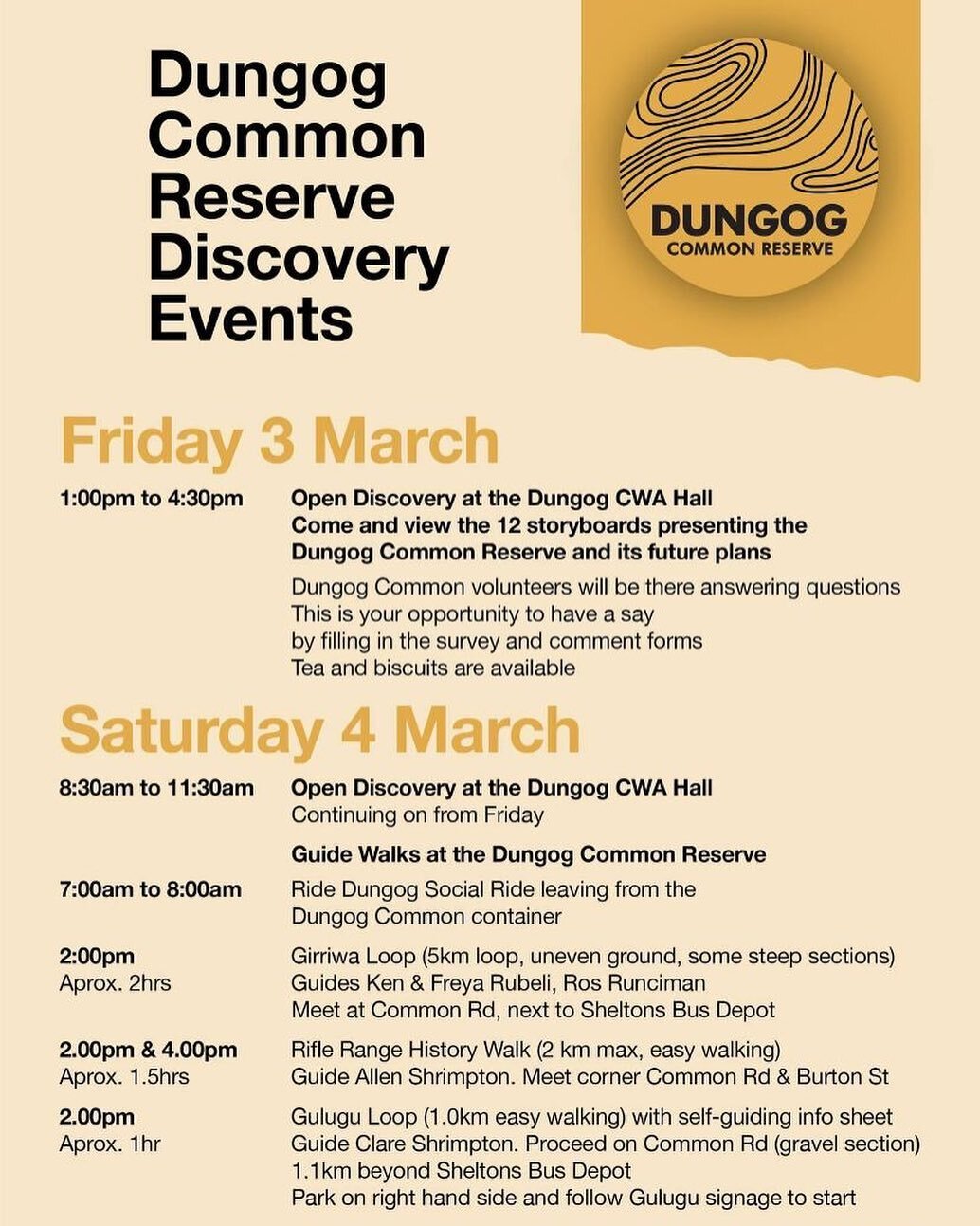 The Dungog Common Reserve Open House Event is taking place on March 3rd and 4th. 

Head to the Dungog CWA next week and don't miss your chance to join one of their extraordinary volunteer guides on one of their Discovery rides and walks! 

Please sha