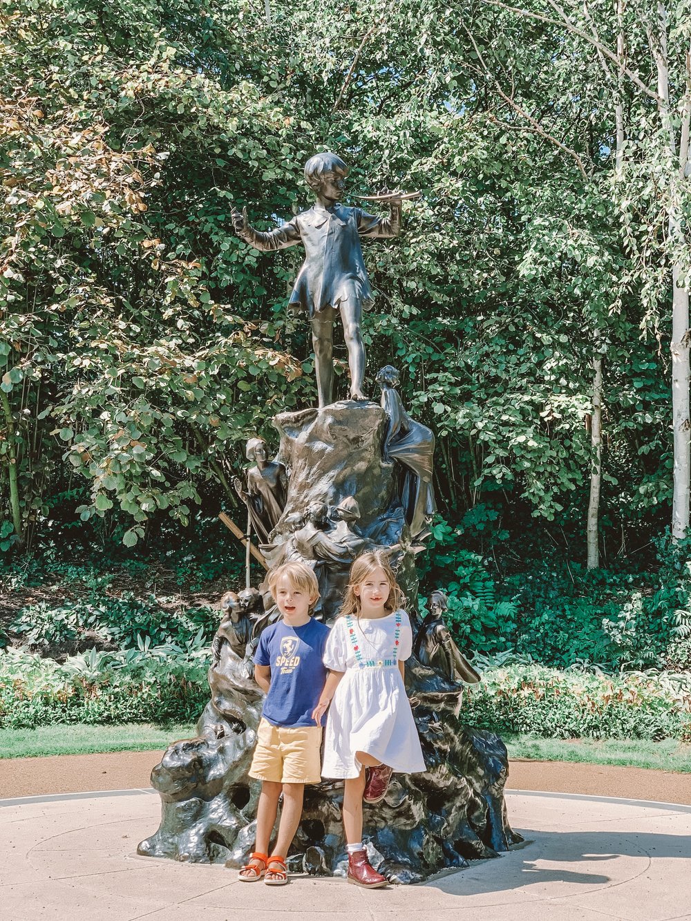 Fox and Leo at the Peter Pan Statue in Kensington Gardens