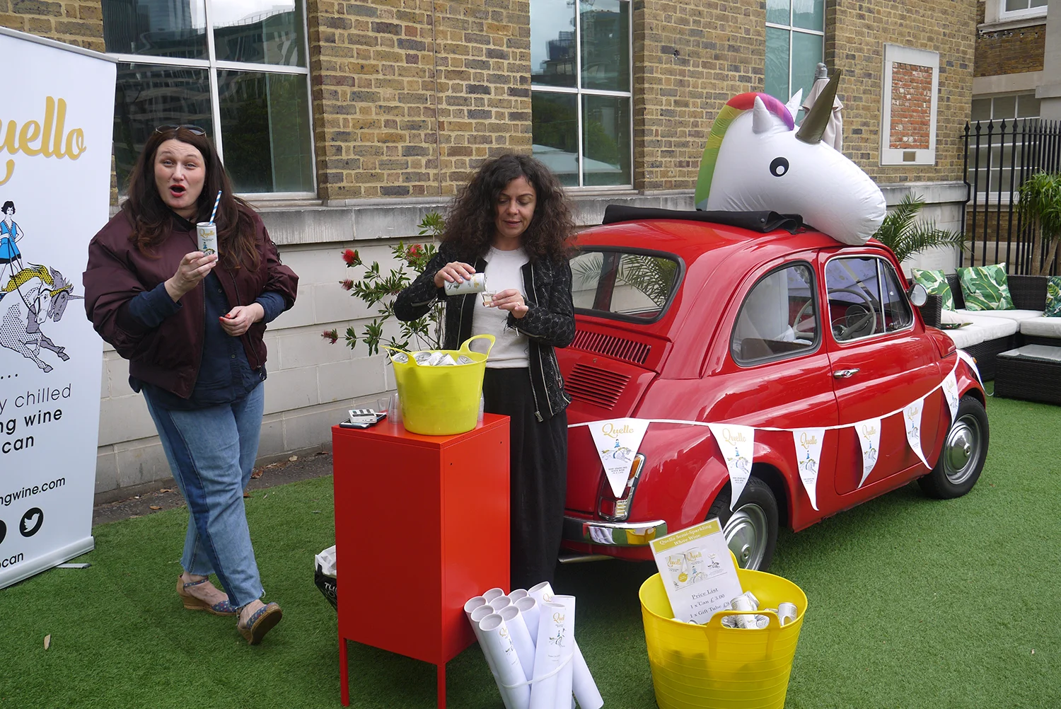 Roberta Sergio, founder of Quello (and East-London legend) pouring her delicious sparkling wine with the help of her Cinquecento and faithful unicorn