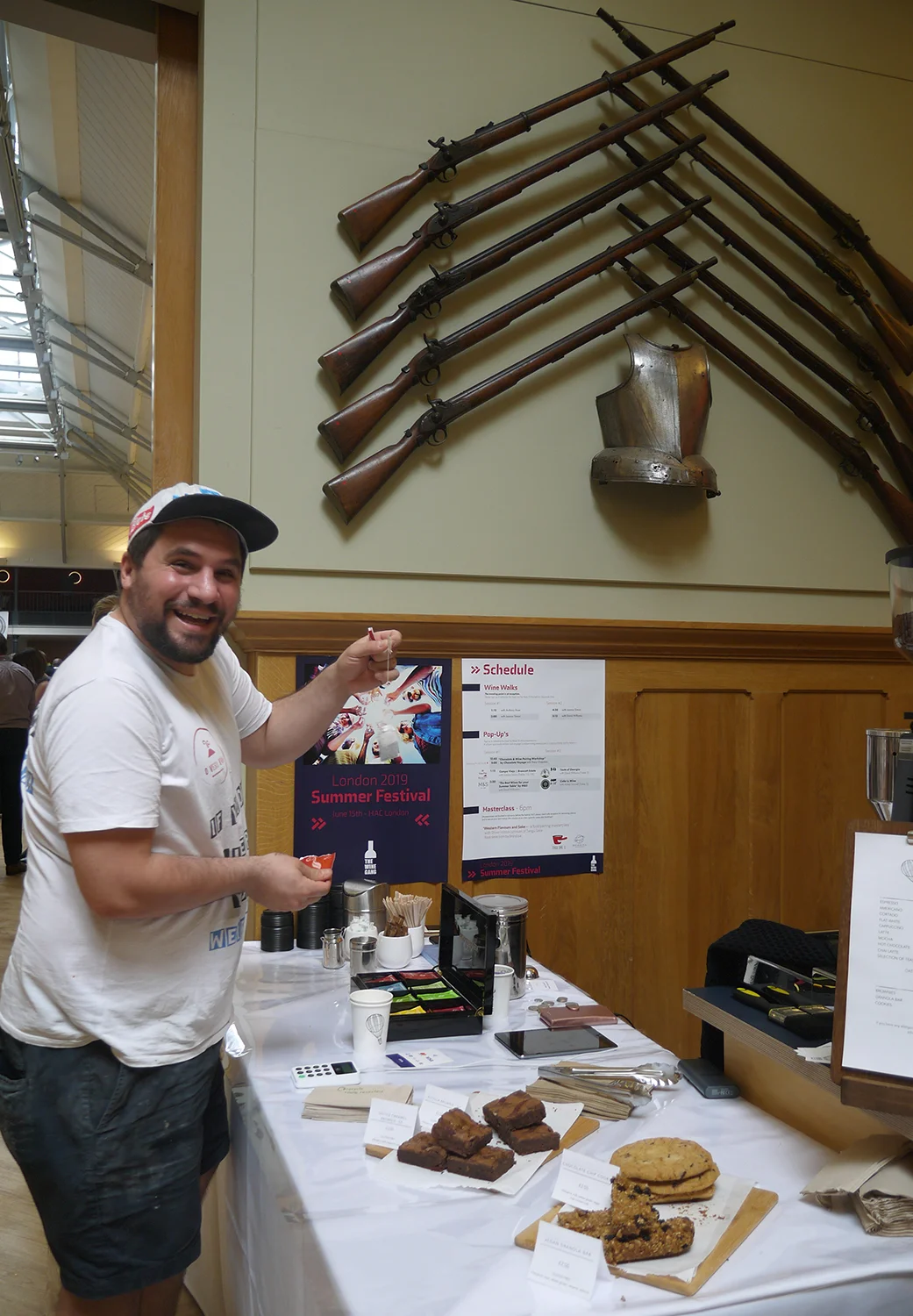 Our pizza man, Mario Ursano, getting his own caffeine boost!