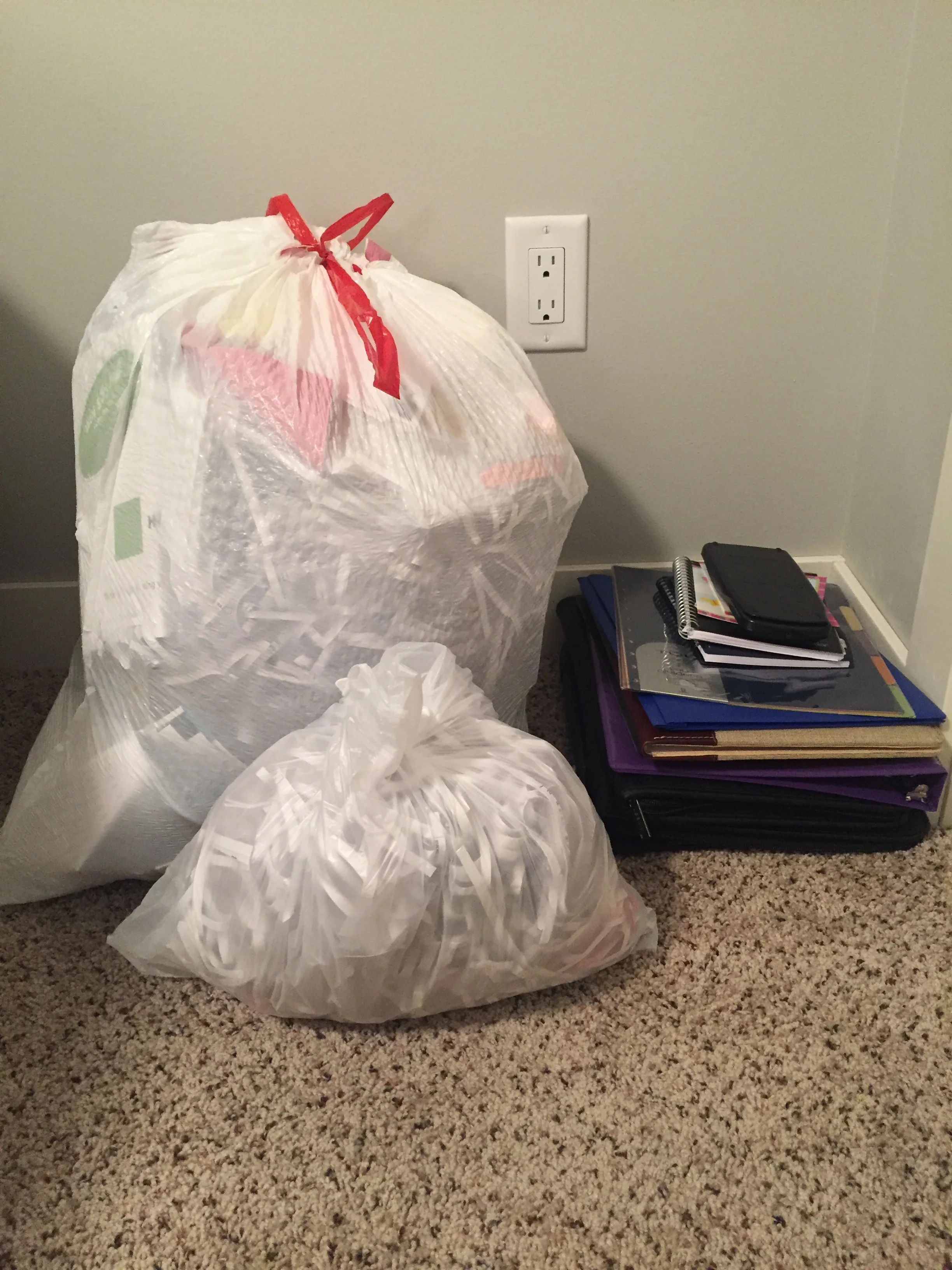Shred all papers that have personal information on them. Place everything that is to be recycled, trashed or donated in one area.