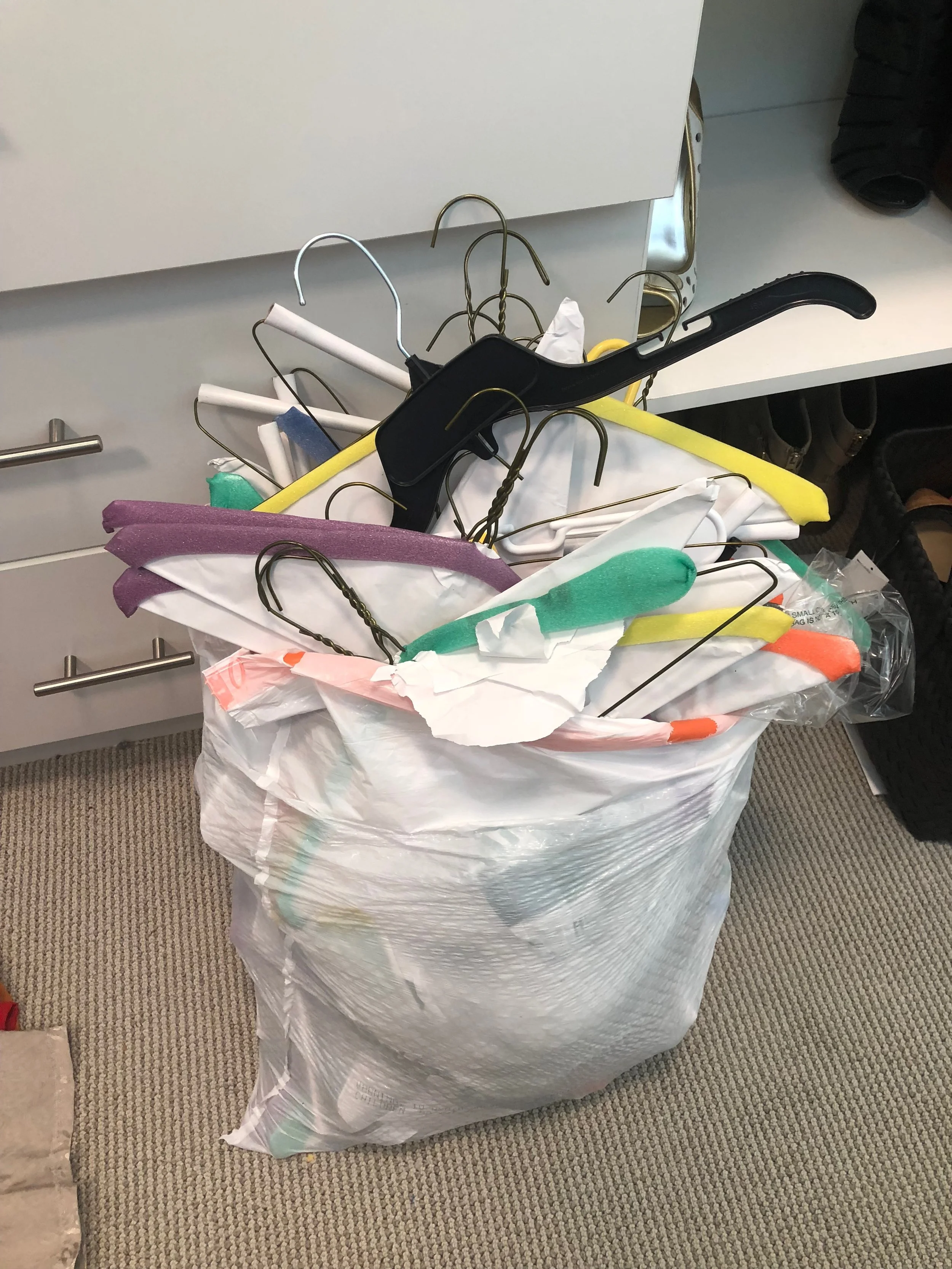 HANGERS - This couple’s goal was to get rid of all of the dry cleaner hangers and only keep what fit on regular hangers.