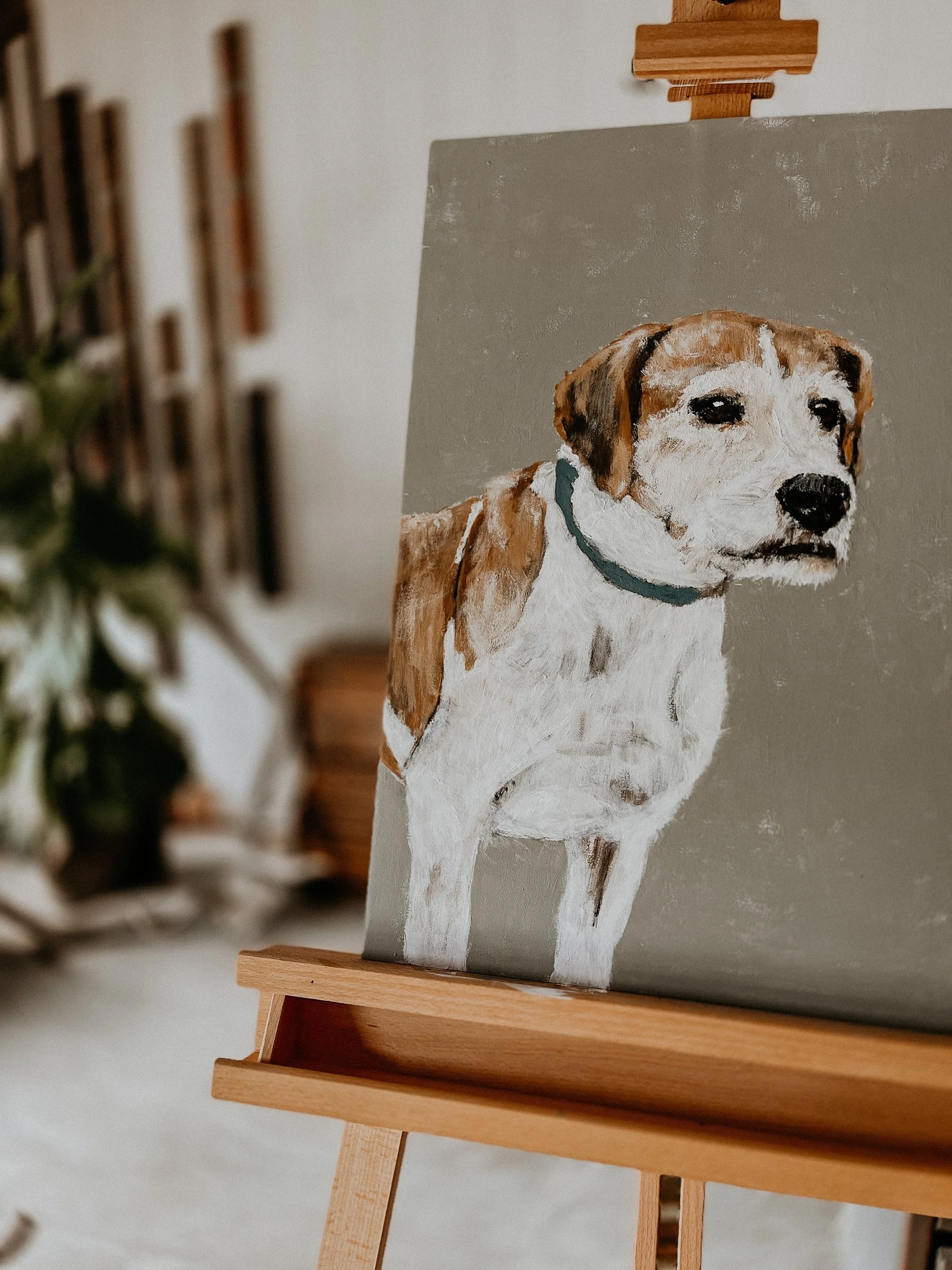 Painted dog portrait on wooden canvas 