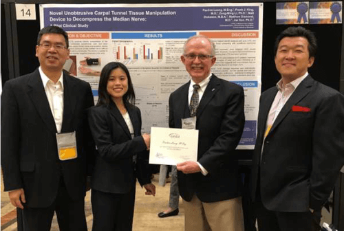 Award Presentation by AANEM President (Photo from L to R: Zong-Ming Li, PhD of Cleveland Clinic, PaulineLuong, ME Lead Author, William S. Pease, MD President of AANEM, and Jae Son, PhD Inventor)