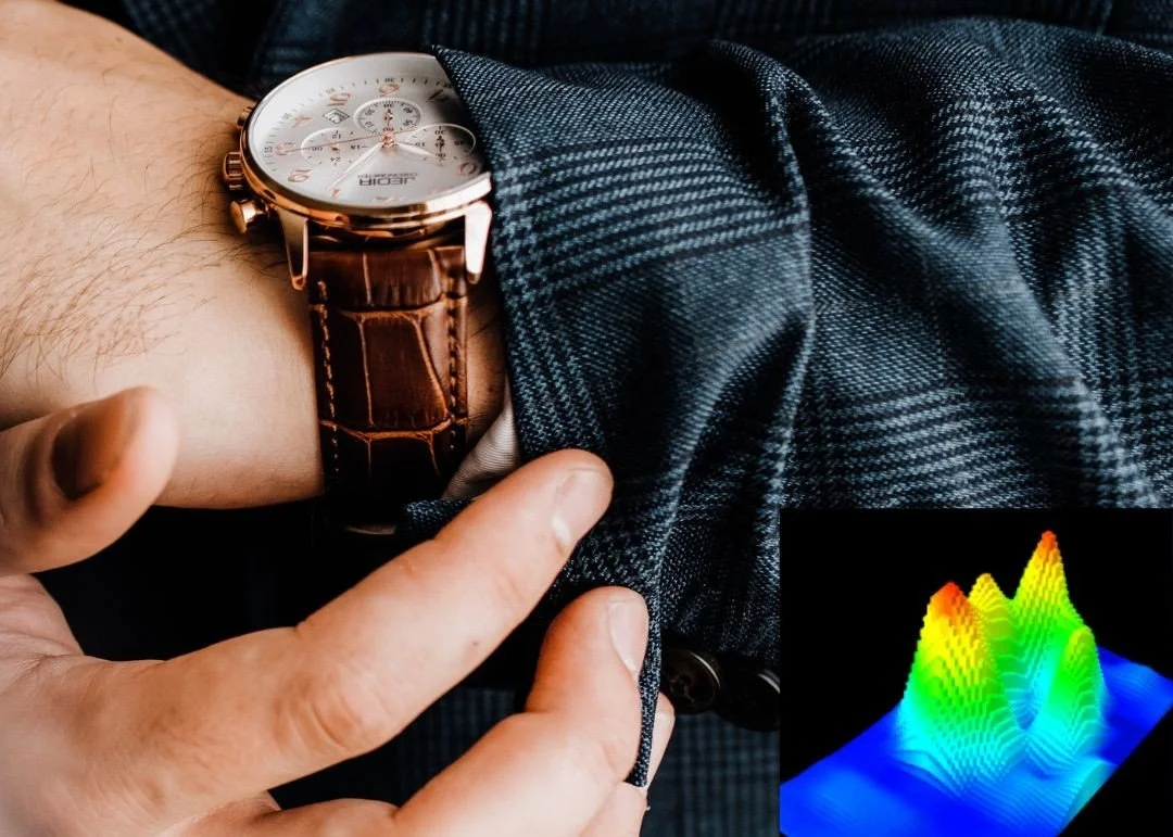 Wristwatch strap on a user's wrist with pressure mapping visualisation showing how contact pressure is distributed between the strap and skin.