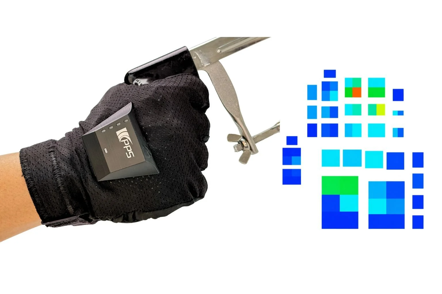 TactileGlove gripping a hacksaw, pressure sensor grid showing force concentrated across the palm and finger contact points, sample data from PPS hand pressure distribution testing.