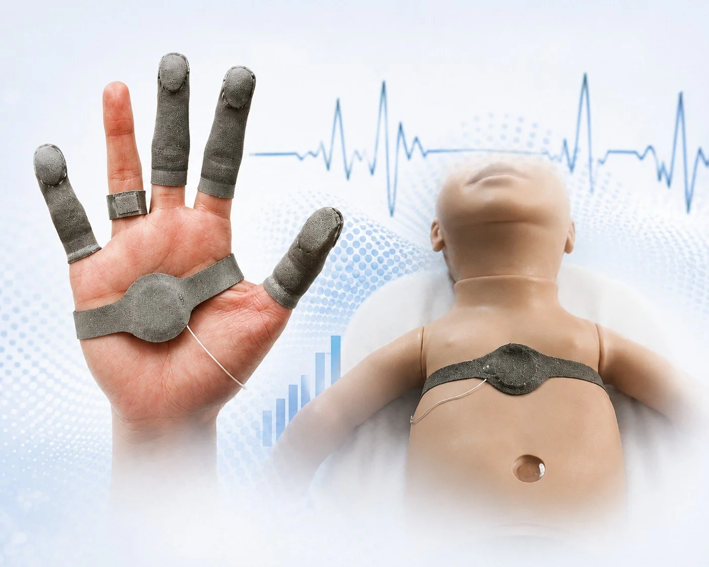 FingerTPS™ palm and finger sensors shown on an open hand alongside a neonatal manikin with the palm sensor strapped to its chest, with ECG trace and data visualisation in the background.