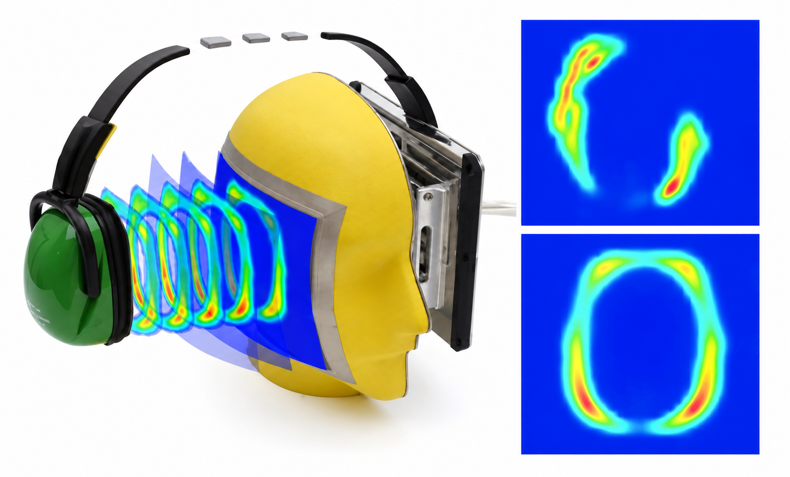 PPS CTA TactileHead wearing a headphone earcup with capacitive sensor layer illustrated, alongside pressure map data showing ear canal and cushion contact area distribution.